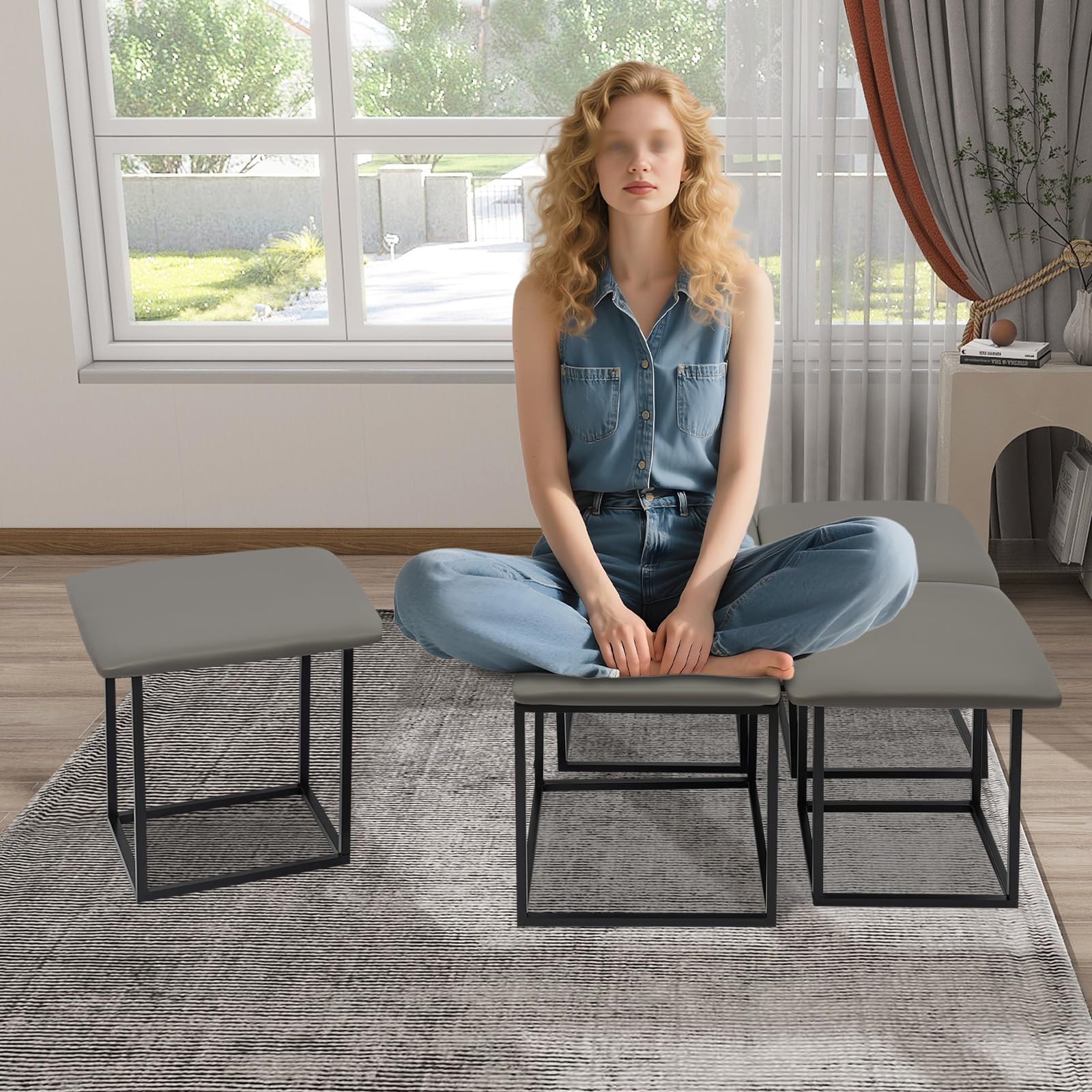 Multifunktionaler Sofahocker 5in1 Hocker mit Rollen und Bremsen, aus Kohlenstoffstahl PU und hochelastischem Schwamm, stapelbarer Sitzhocker für Wohnzimmer Schlafzimmer Schminkbereich und Schuhwechsel