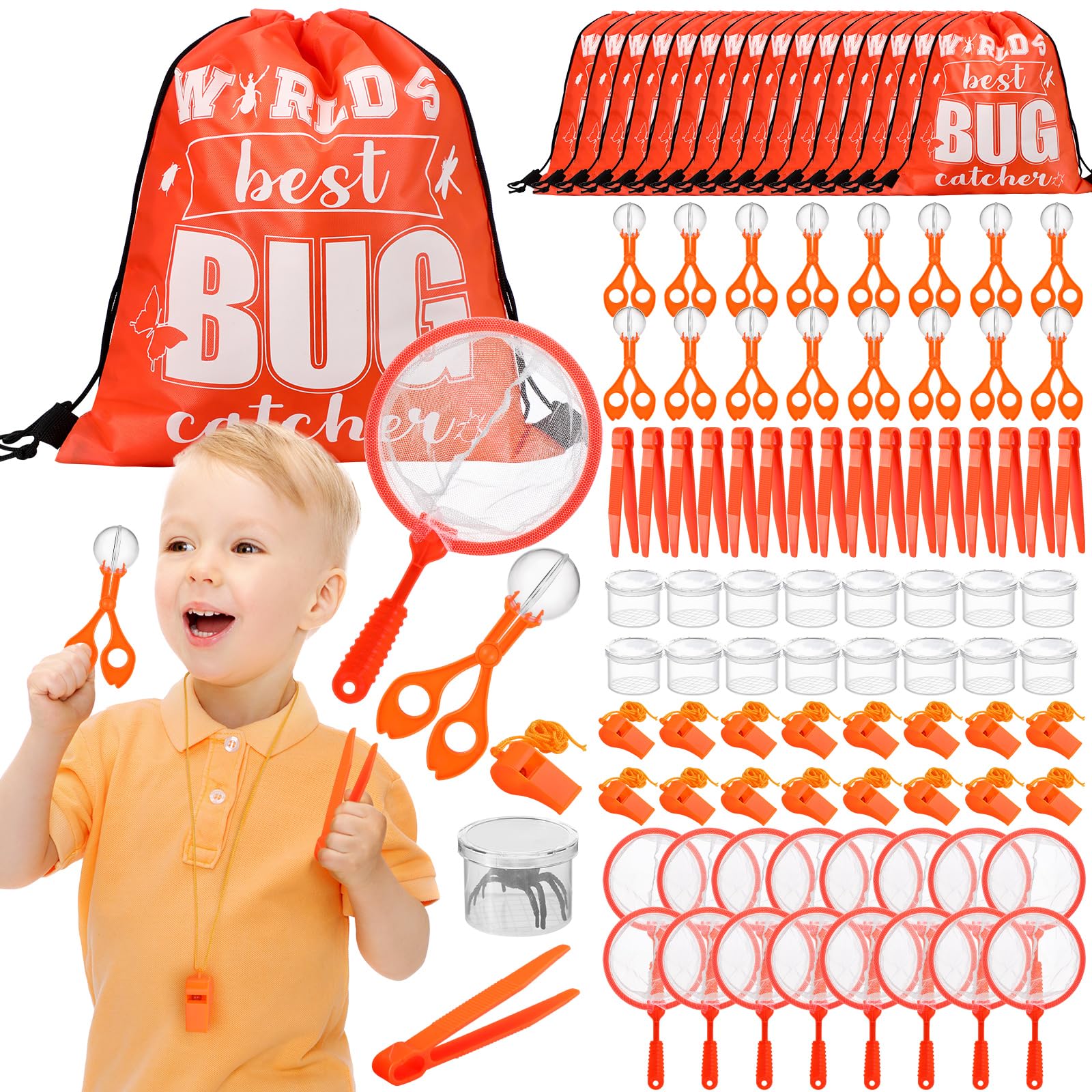 Silipull Kit de captura de insectos para niños, kit de explorador al aire libre, incluye tijera, pinzas, abrazadera, jaula de insectos, silbato, red de insectos, bolsa con cordón para niños y niñas