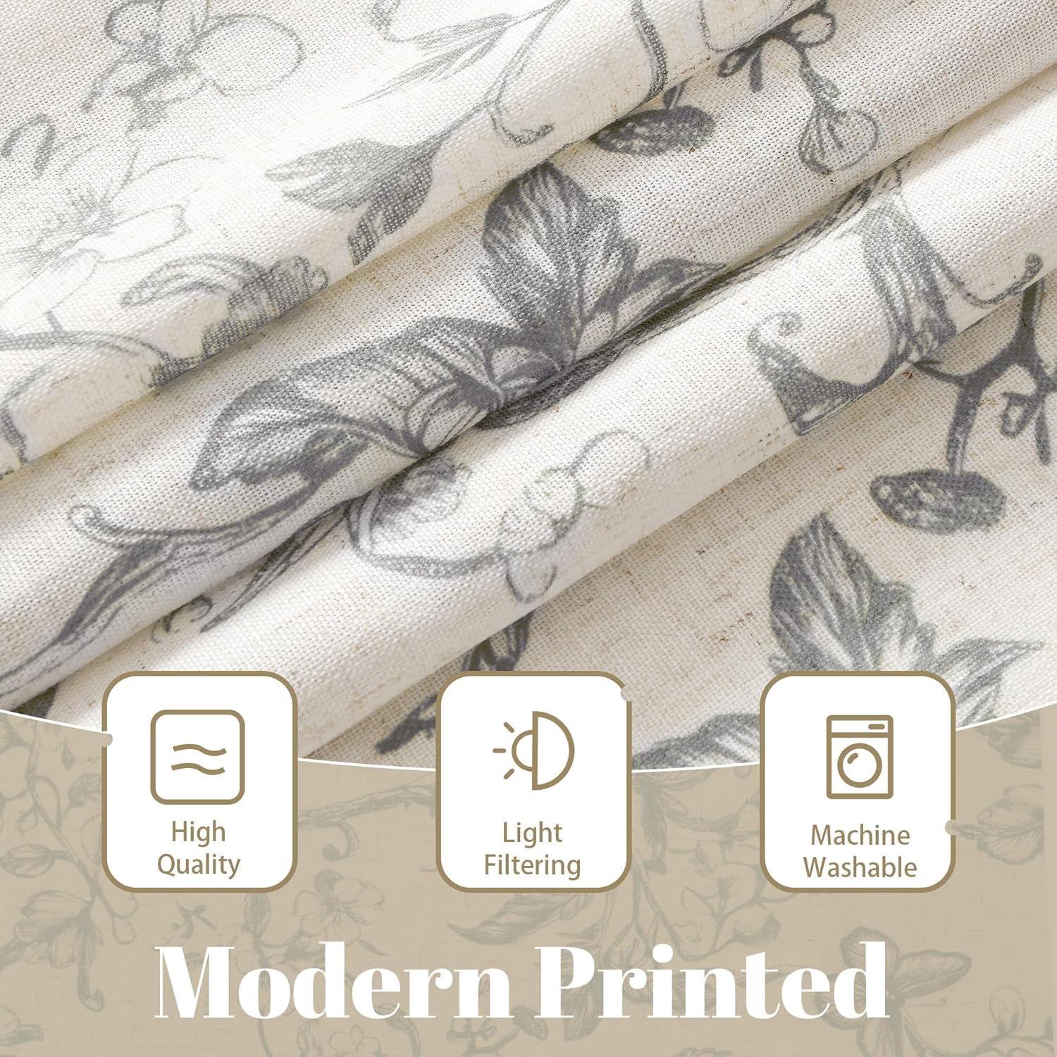 DWCN Floral Kitchen Curtains, 36 Inch Linen Tier Curtains, Farmhouse Cafe Half Window Drapes, Light Filtering for Living Room, Rod Pocket, 2 Panels, Grey on Beige, W42 x L36