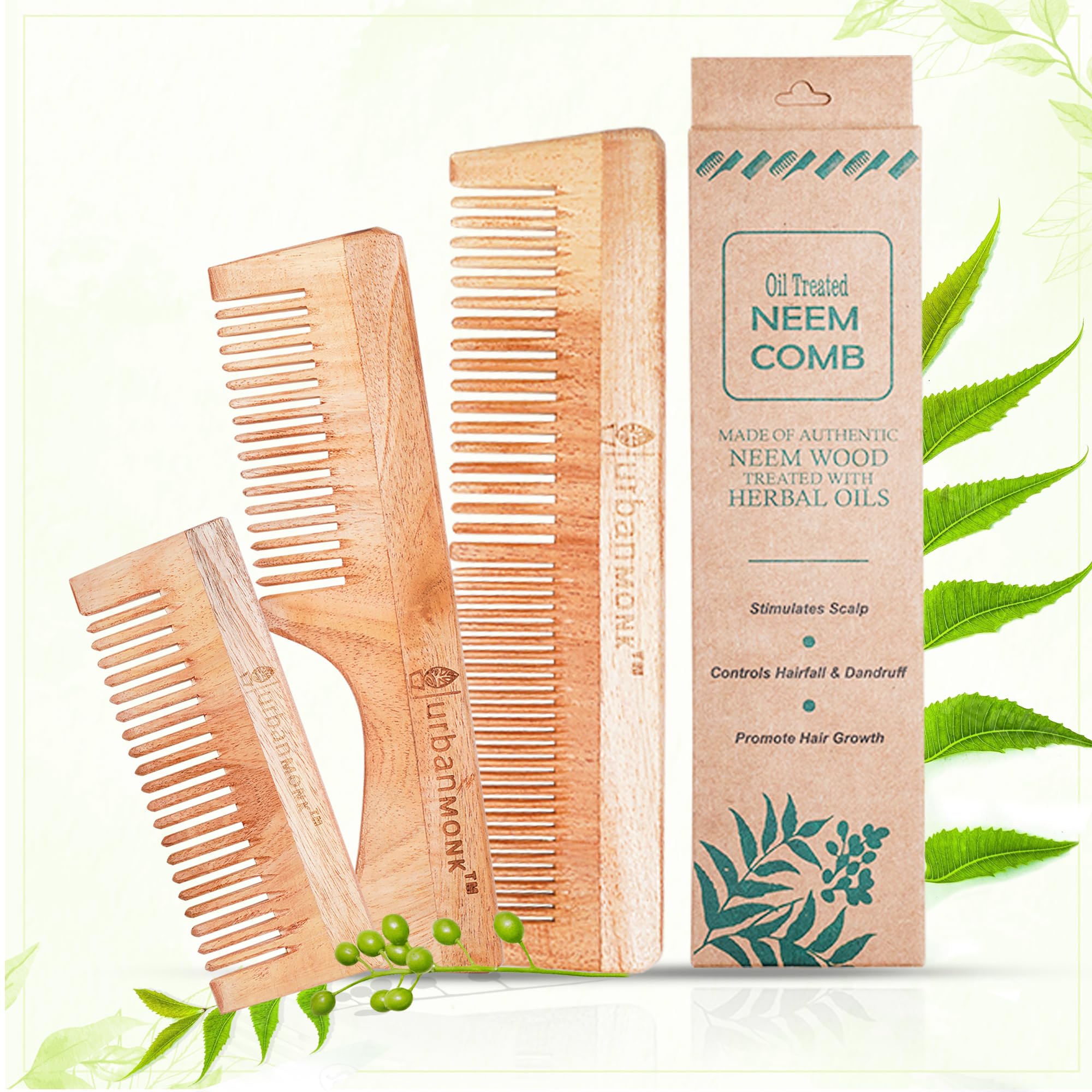 URBANMONK Neem Comb for Hair Growth | Wood Comb for Hair Growth, Hair fall & Dandruff Control | Neem Wooden Comb for Women & Men | Handle, Duel Tooth & Shampoo Combs