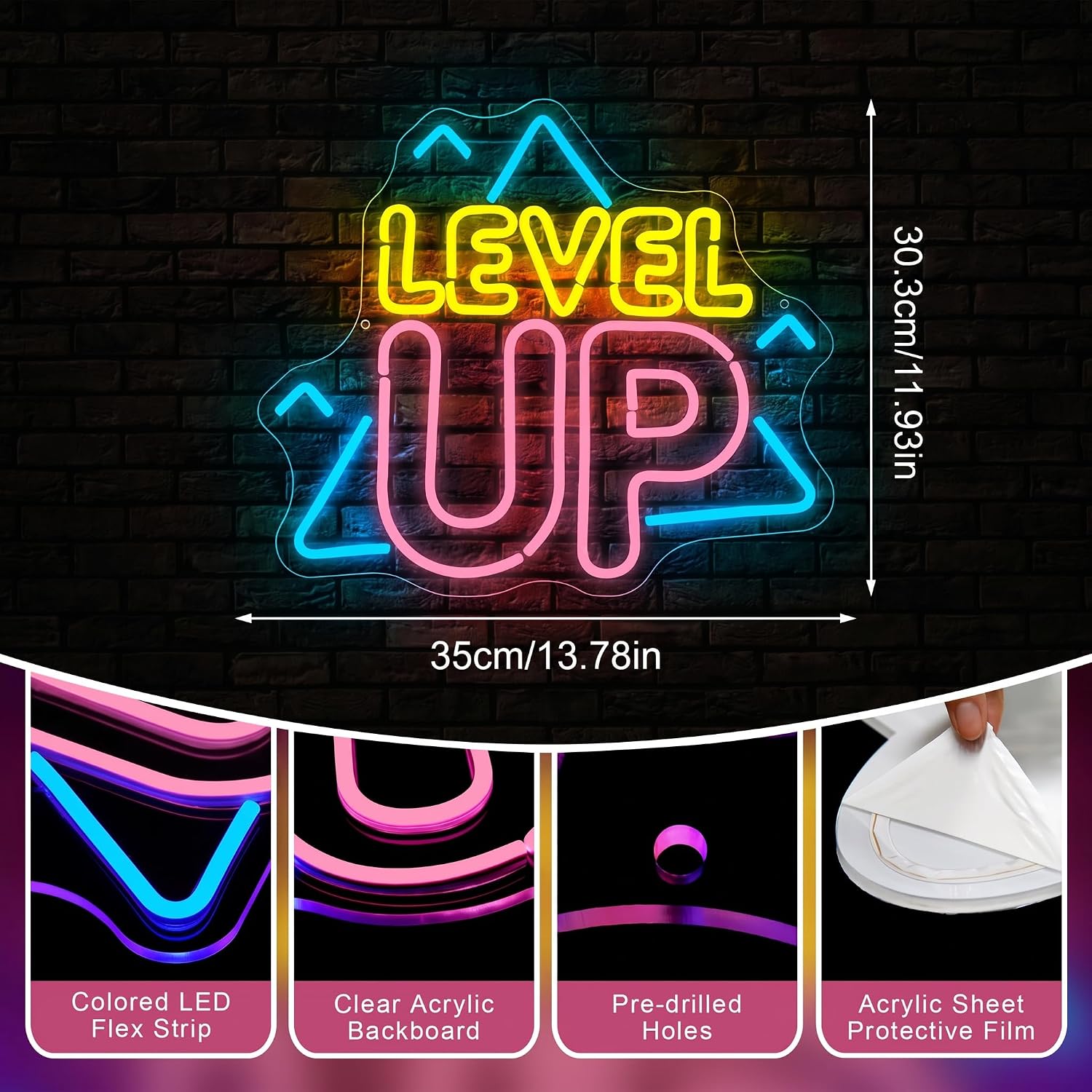 Game Room Decor, Level Up Neon Sign for Wall Decor, Gaming Accessories, Game USB Powered Dimmable LED Sign for Teenage Boy Man Cave Decor, 11.93" × 13.78" image 4