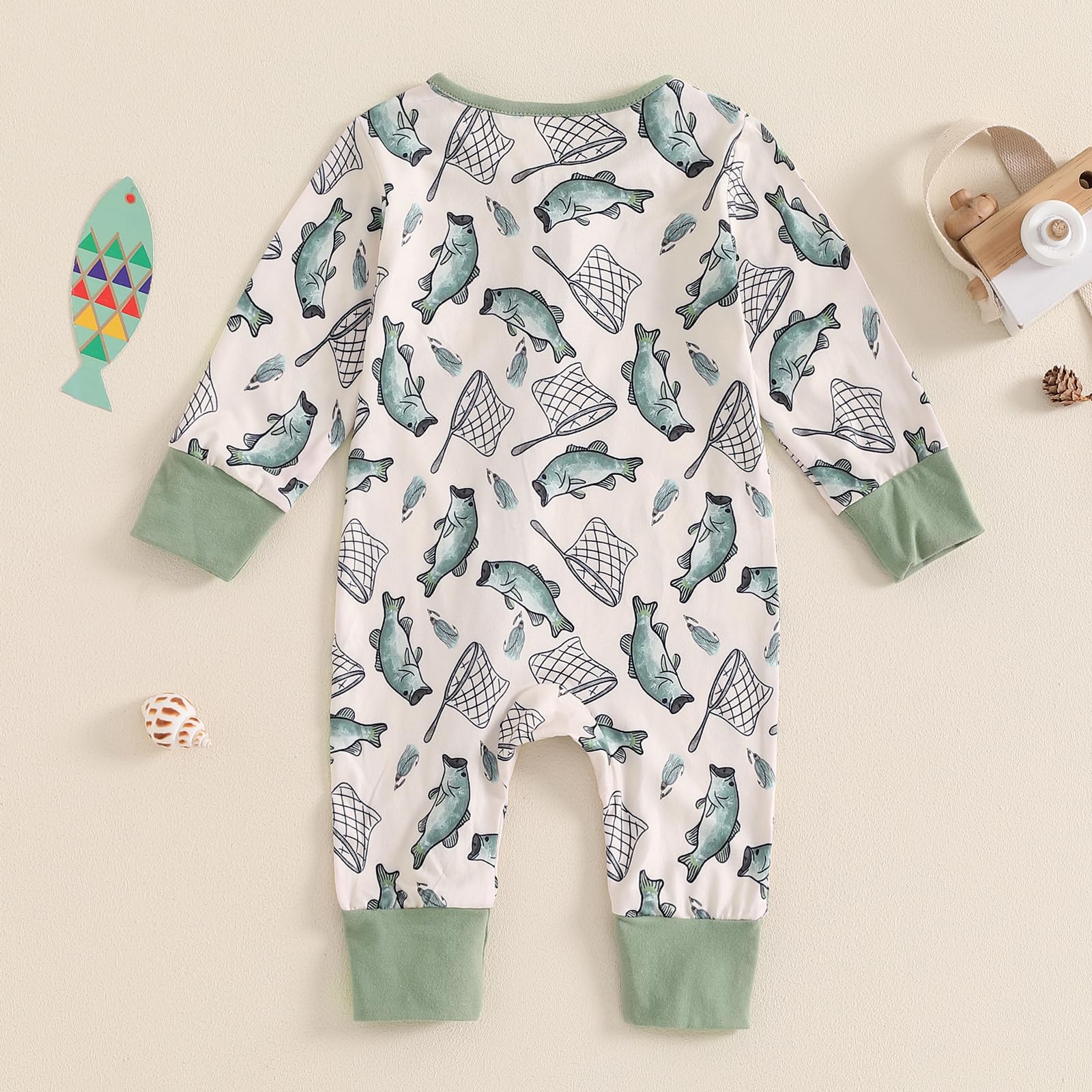 MOLZULAMS Newborn Baby Girl Boy Clothes Fishing Long Sleeve Bubble Romper Zip Up Jumpsuit One Piece Cute Fall Winter Outfit (Green, 3-6 Months)