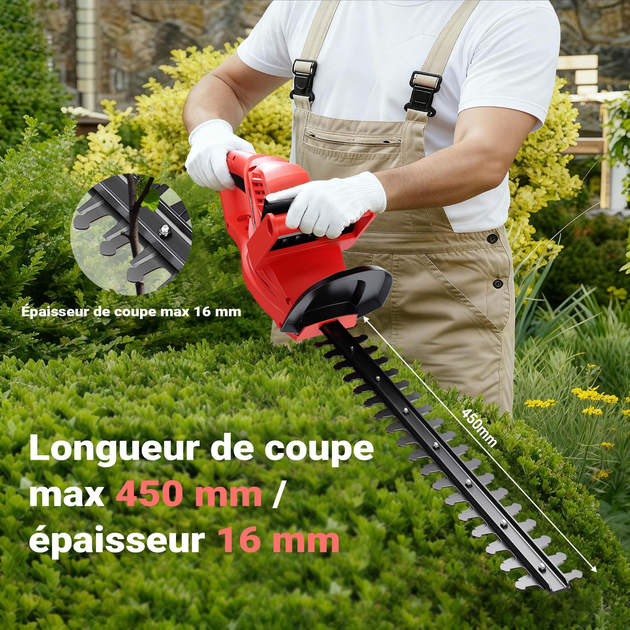 Wiltec Taille-haie électrique 520 W – 870 x 140 x 165 mm – Longueur de Coupe de 450 mm – Frein éclair et Protection des Mains– pour Taillage des Haies