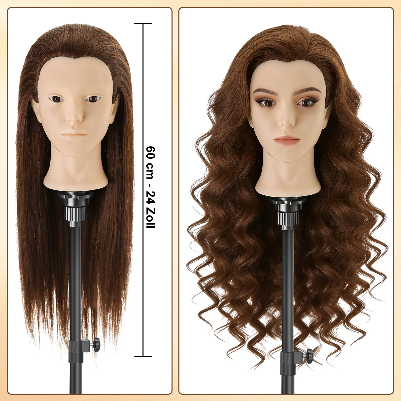 TwoWin 60 cm Frisierkopf 80% Echthaar, 24 Zoll Übungskopf Friseur | Friseurkopf Übungskopf Trainingskopf Friseur für Friseure für Styling & Friseurpraxis mit DIY Haarstyling Set (Braun)