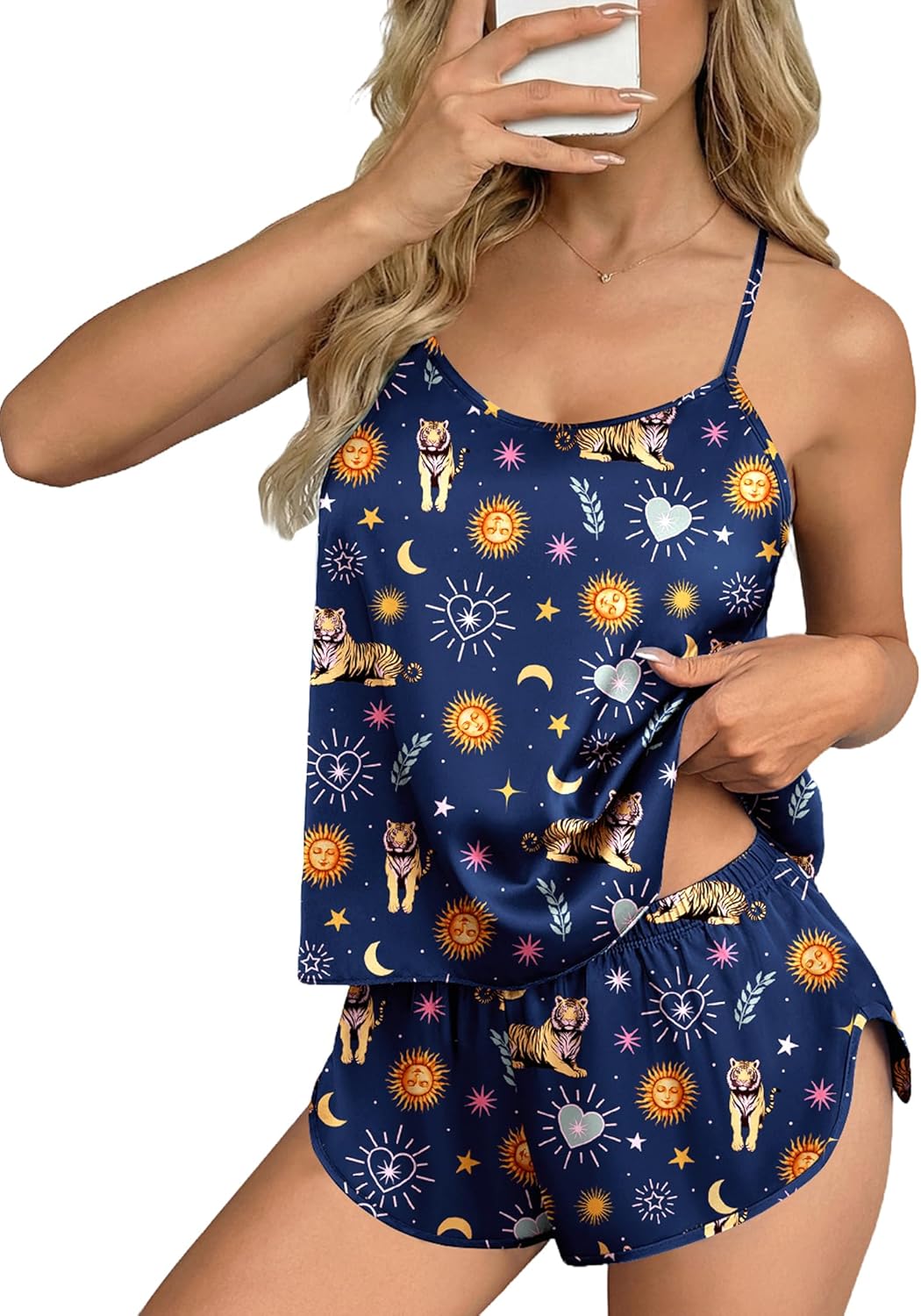 Ekouaer Silk Pajamas Set for Women Satin Backless Lingerie Pjs Cami Top and Shorts Nightwear