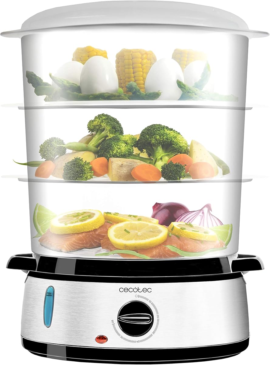 Cecotec Vapovita 3000 Stainless Steel Electric Steamer, 3 Independent Containers, Bowl to Prepare Rice, Stands for Boiling Eggs, 60 Minutes Timer, 2 Side Water Inlets, Grey, 800 W