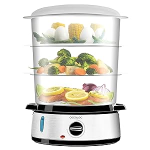 Cecotec Vaporera eléctrica Vapovita 3000 Inox, 3 recipientes Independientes, Cuenco para Preparar arroz, Soportes para cocer Huevos, Temporizador 60 Minutos, 2 entradas Laterales de Agua, Gris, 800 W