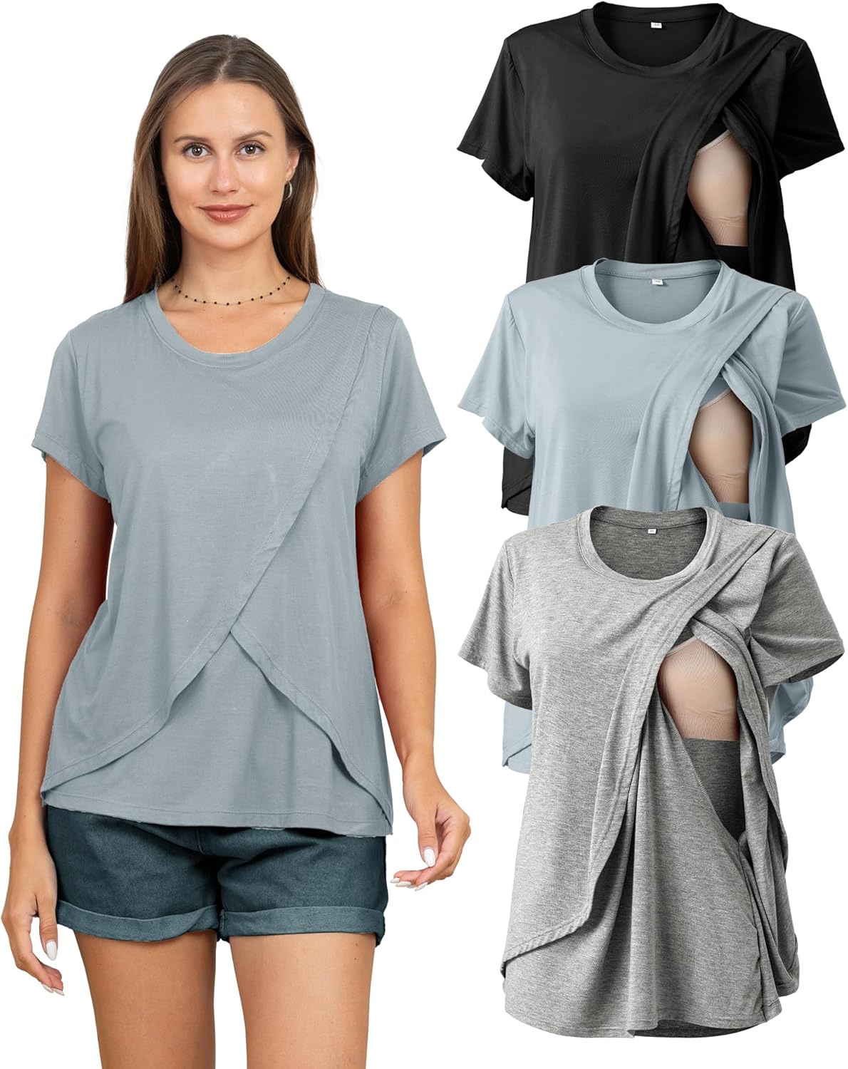 Rnxrbb 3 Pack Women's Nursing Tops for Breastfeeding Summer Short Sleeve T Shirts Postpartum Double Layer Clothes,Light Gray&Black&Gray Blue L