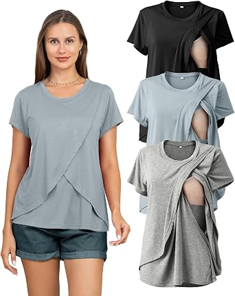 Rnxrbb 3 Pack Womens Nursing Tops for Breastfeeding Summer Short Sleeve T Shirts Postpartum Double Layer Clothes,Light Gray&Black&Gray Blue L
