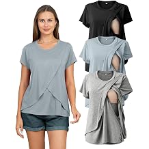 Rnxrbb 3 Pack Womens Nursing Tops for Breastfeeding Summer Short Sleeve T Shirts Postpartum Double Layer Clothes,Light Gray&Black&Gray Blue L
