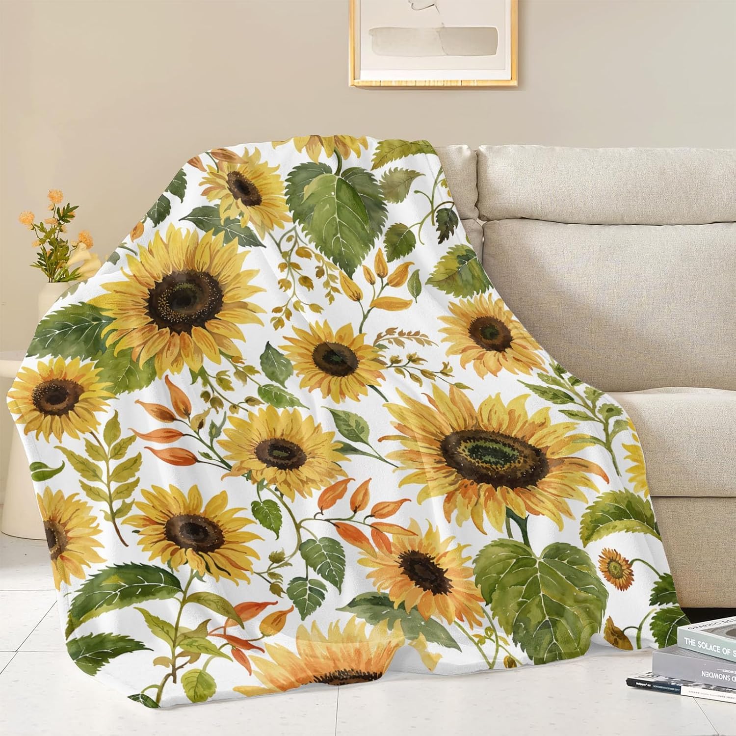 Neasow Sunflower Floral Throw Blanket Fuzzy Cozy Flannel Flower Throws for Couch Sofa Bed Chair Home Decor Gifts, Green Yellow 50x60 Inch
