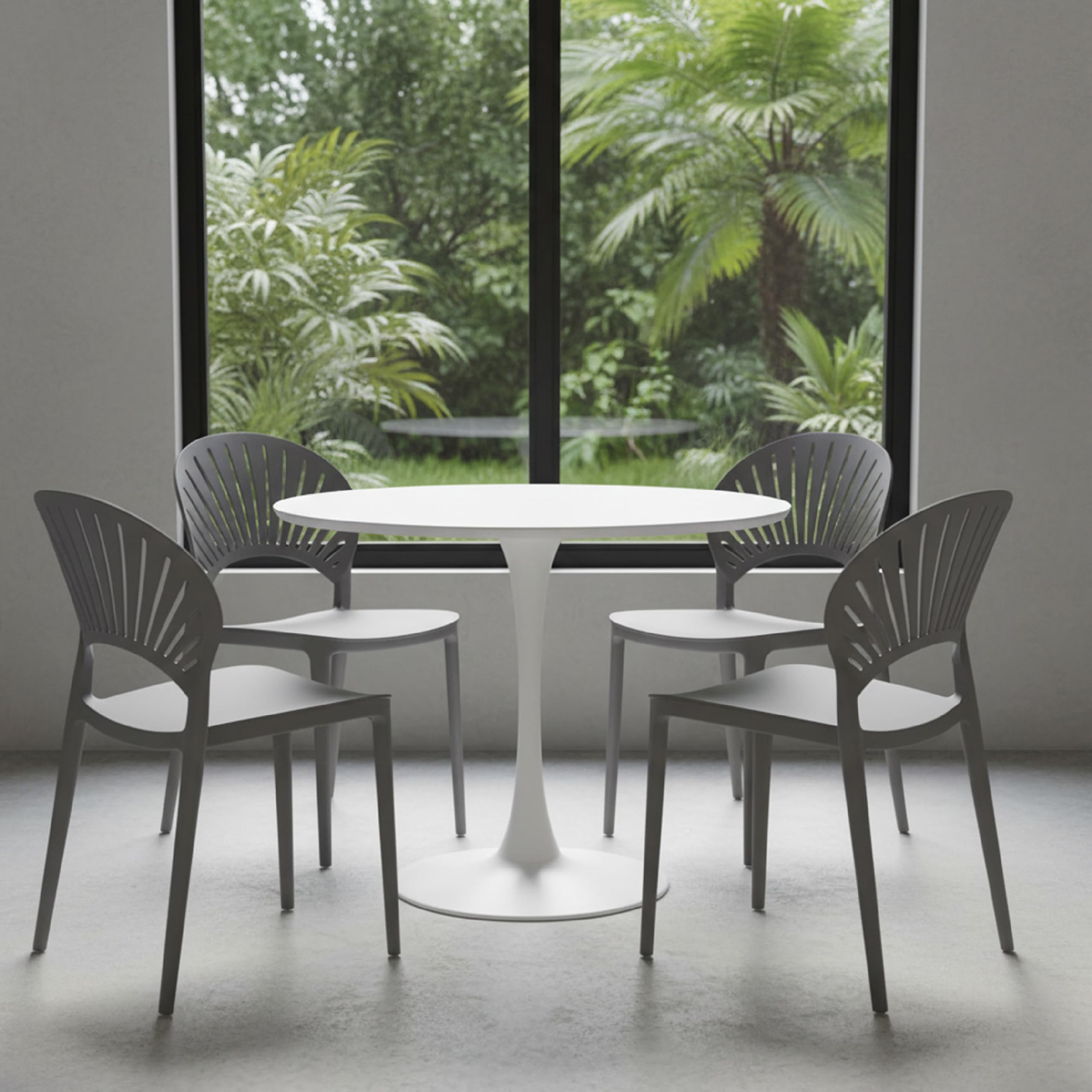 Baroni Home Juego de 4 sillas de plástico apilables, sin montaje, fáciles de limpiar, con gomas antideslizantes, para cocina, salón, comedor, 36 x 37 x 72 cm, gris, respaldo grande con rayos