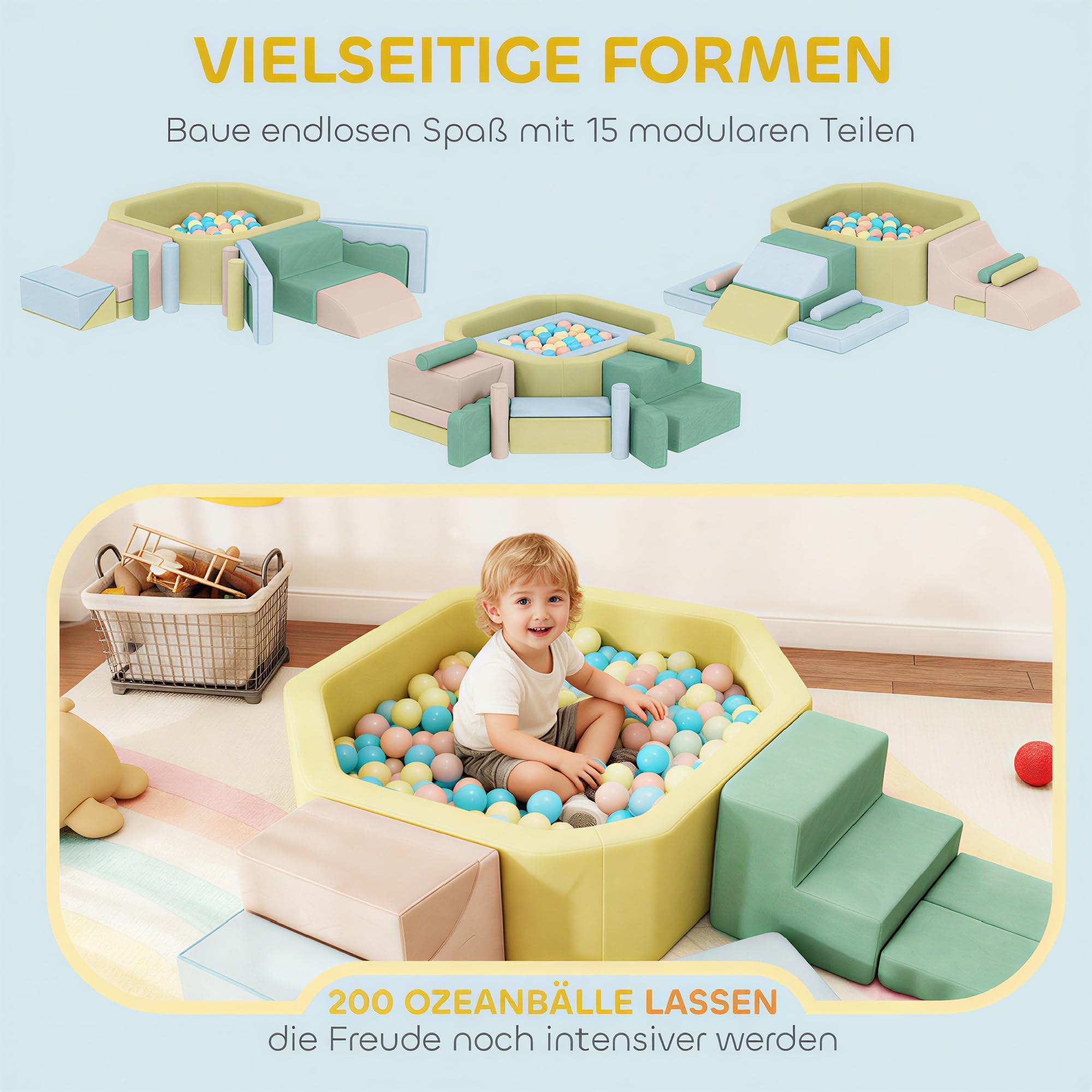 AIYAPLAY Schaumstoff Bausteine Kinder 15er-Set mit Bällepool und 200 Bällen, Riesenbausteine Klettern, Großbausteine in Cord-Optik, Bauklötze Spielbausteine, Mehrfarbig
