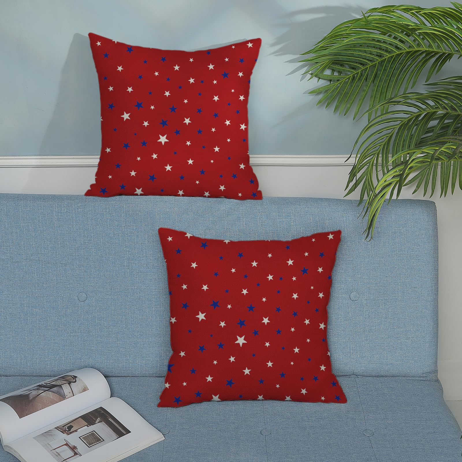2 Federe Decorative 4 Luglio 45x45 Cm - Cuscini Con Stelle Rosse E Blu Per Festa Dell'Indipendenza, Lino Naturale Con Retro Beige E Cerniera Nascosta - 3