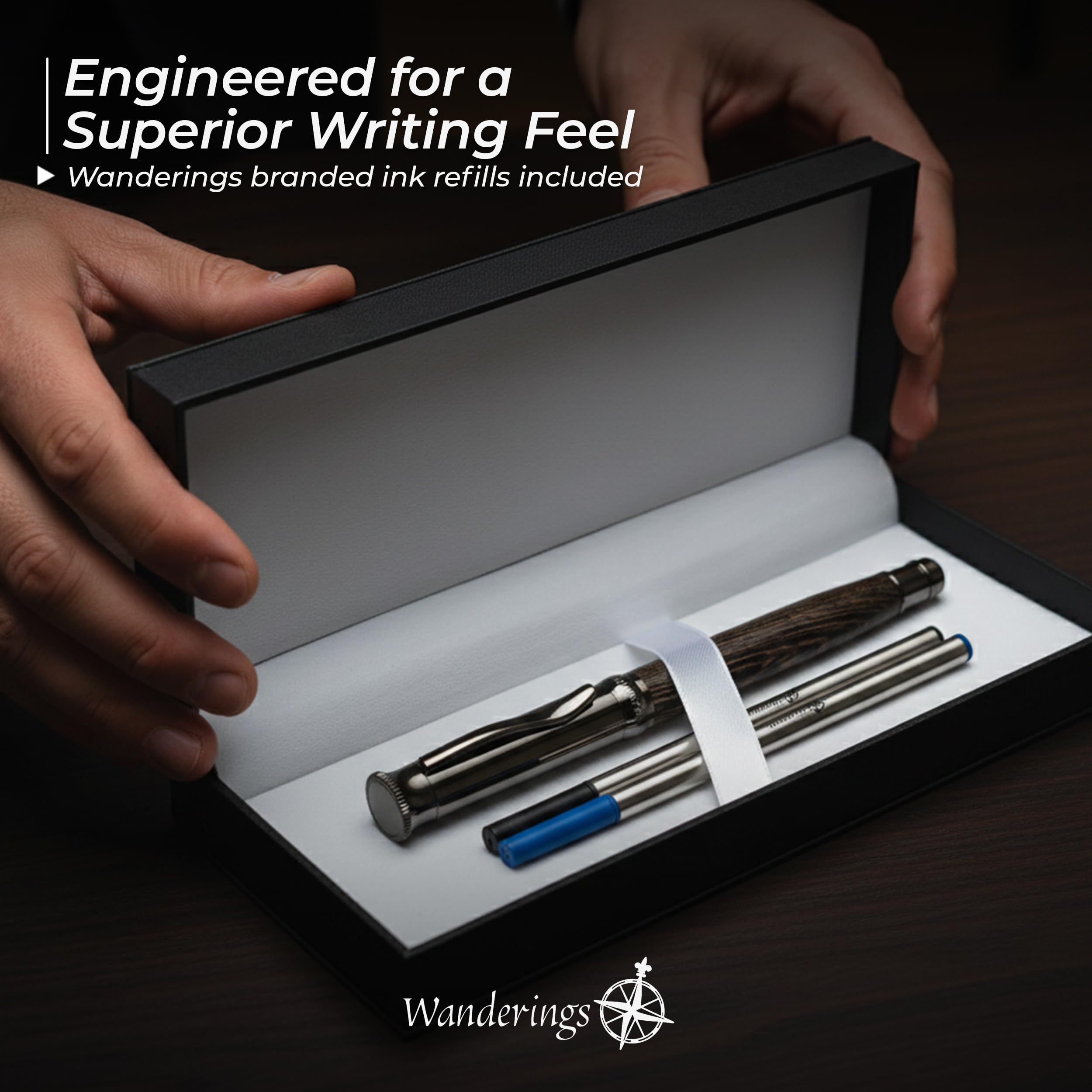 WANDERINGS Rollerball Pen with German Ink Beautifully Balanced for a Smooth Writing Experience - Gunmetal and Real Wood Barrel - Includes 2 Schmidt Refills in a Giftable Presentation Case - Image 3