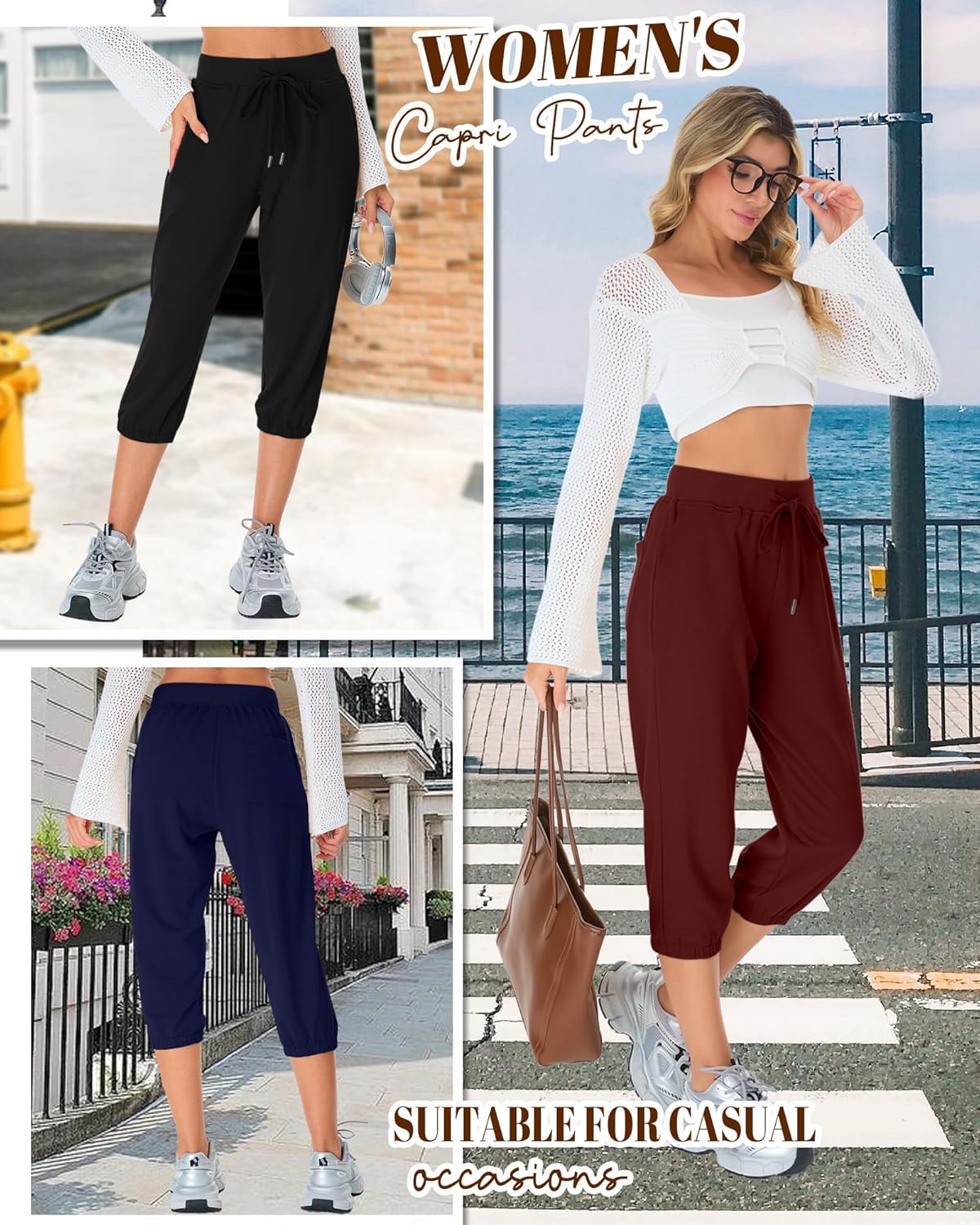 3 Pack Women's Capri Sweatpants Yoga Drawstring Workout Cropped Joggers Lounge Athletic Capri Pants with 3 Pockets