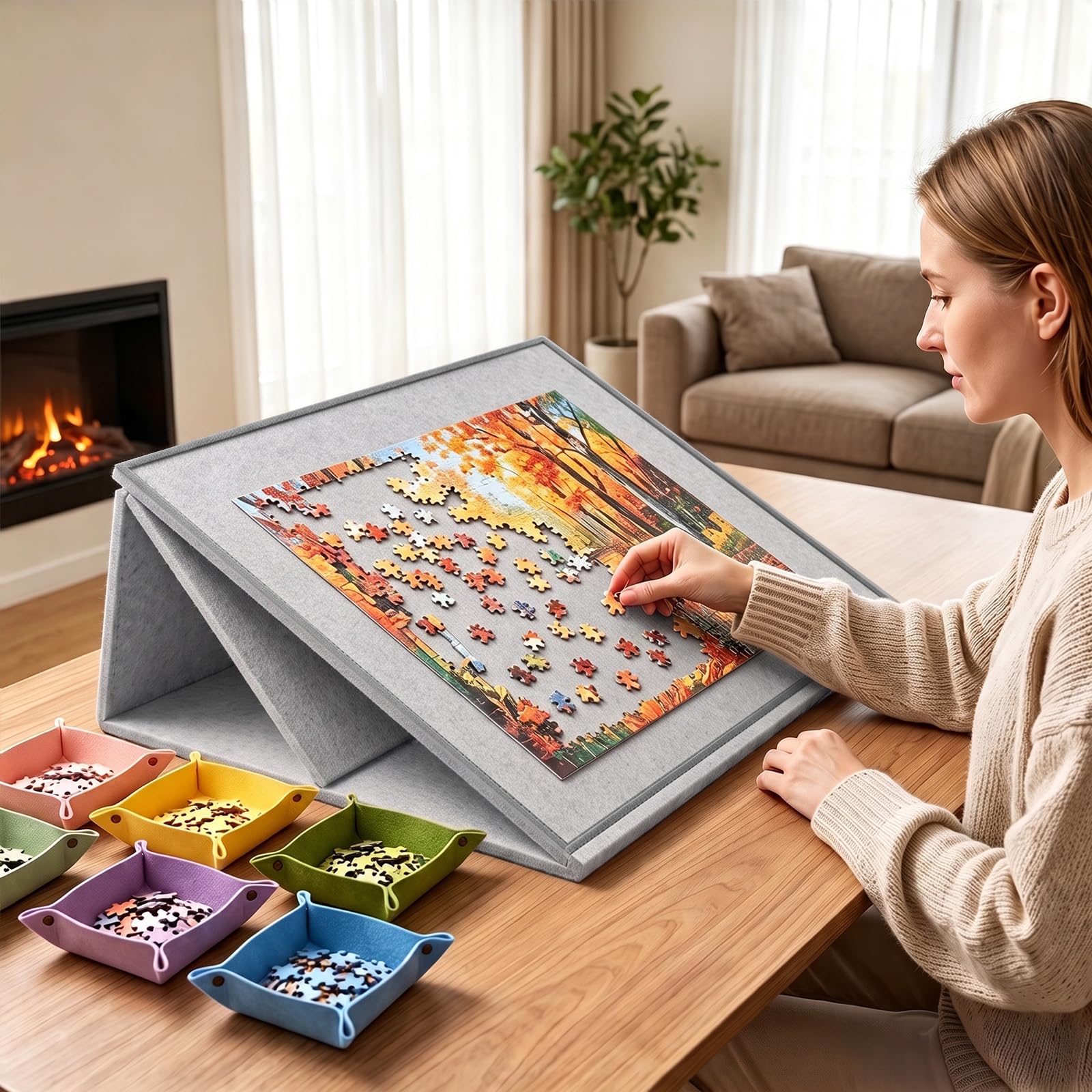 Plateau de Puzzle Pliable 1000 Pièces avec 6 Bols de Tri Colorés, Couverture 2-en-1 et Support de Puzzle, Gris Clair
