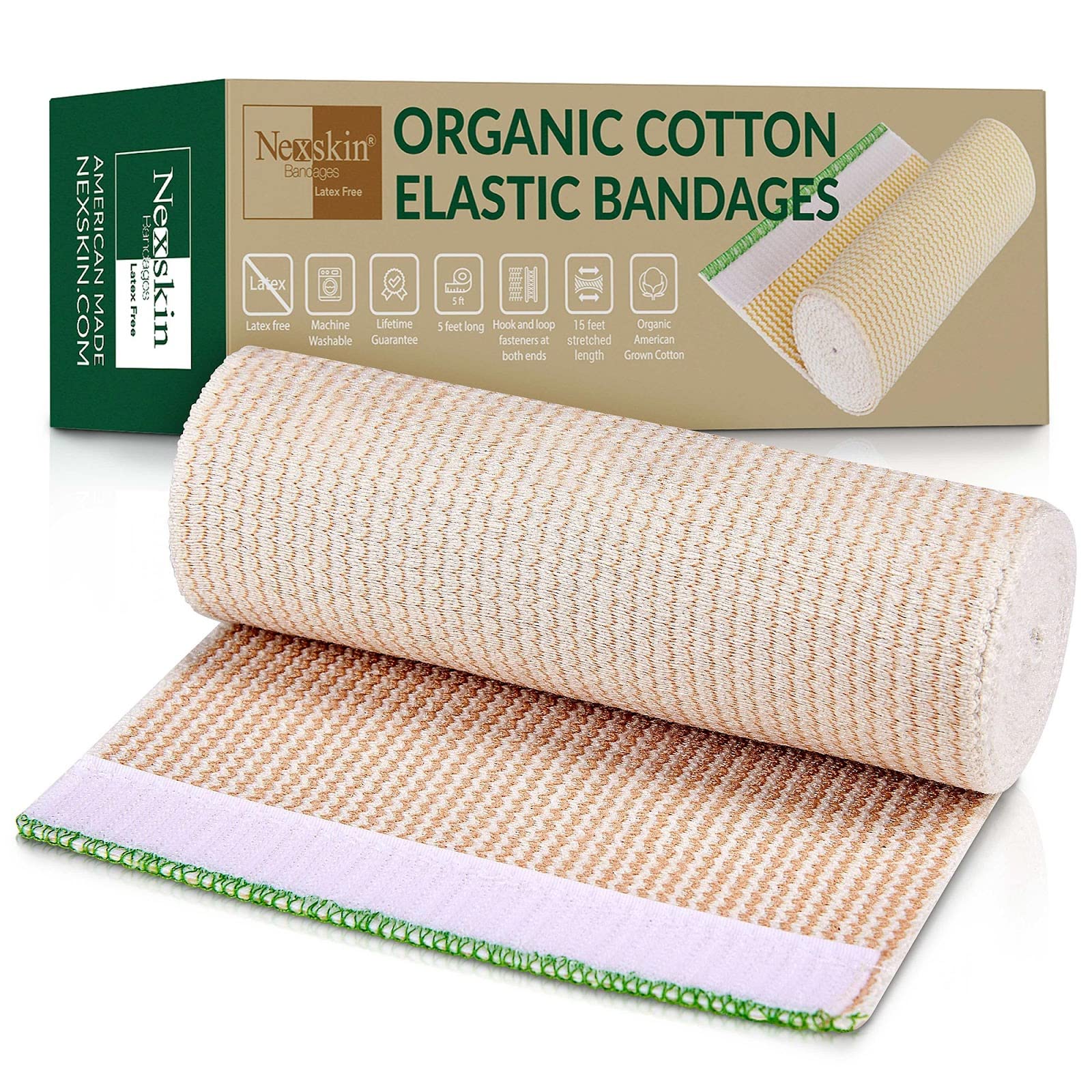 Nexskin (6” Wide, 1 Pack) | Latex Free Organic USA Cotton | Stretch Elastic Athletic/Medical Compression Wrap Hook & Loop Fasteners Both Ends | Lifetime Washable Reusable