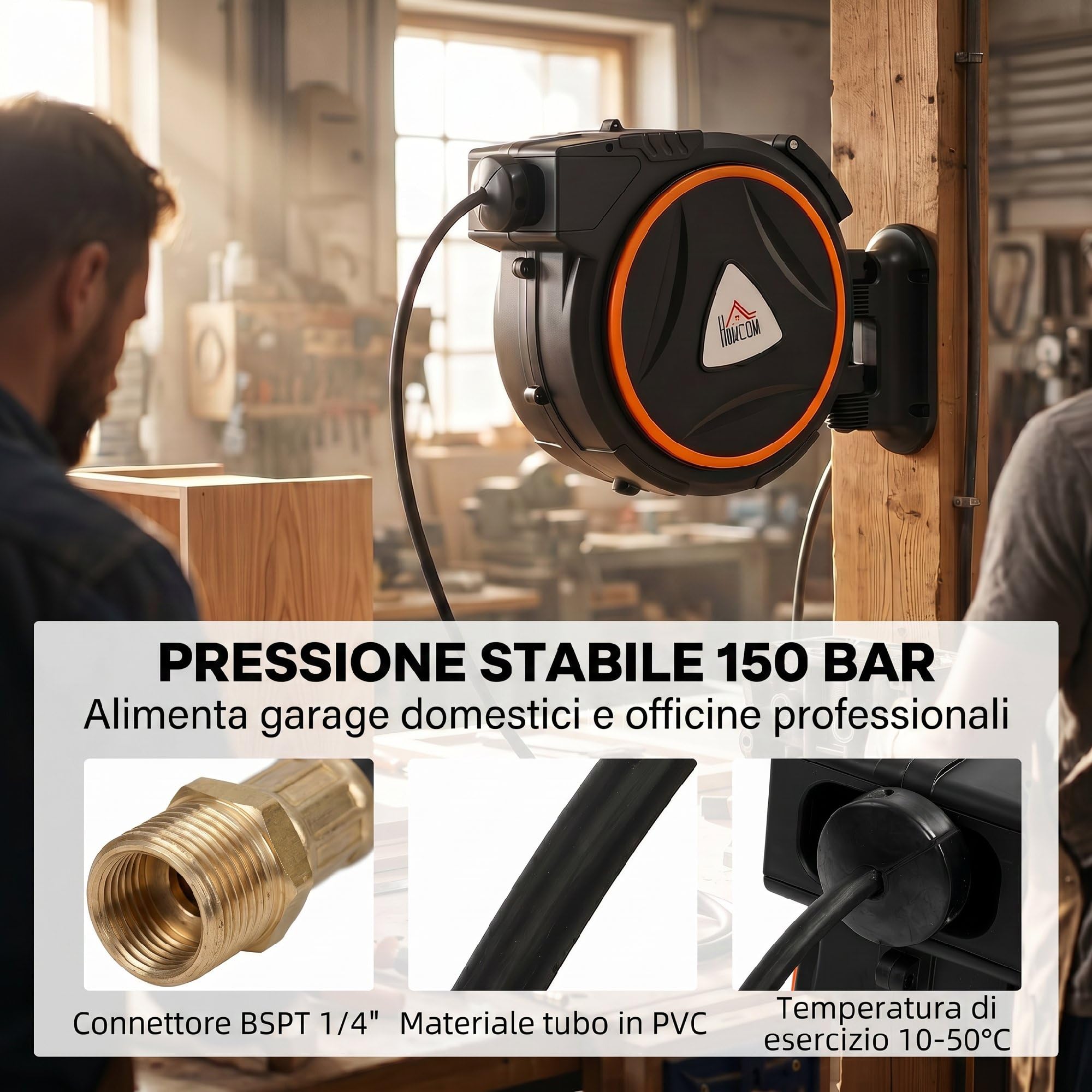 HOMCOM Avvolgitubo Automatico Retrattile 20 m Max 300 Bar Nero e Arancione | Diametro Tubo 13 mm, Montaggio a Parete, Ruotabile di 180°