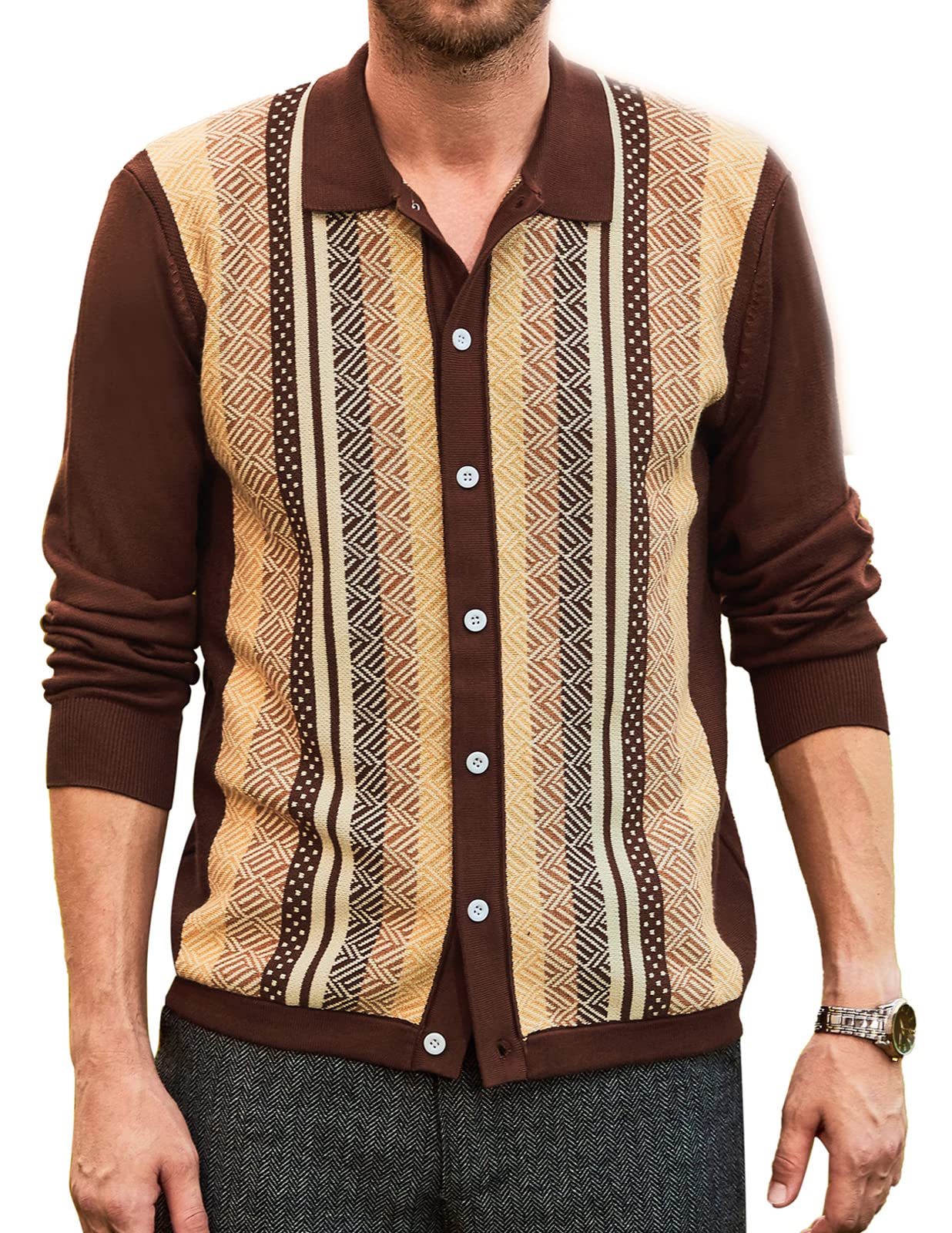 pj paul jones Men's Vintage Stripe Polo Shirt Casual Long Sleeve Button Knit Shirt-picture-41