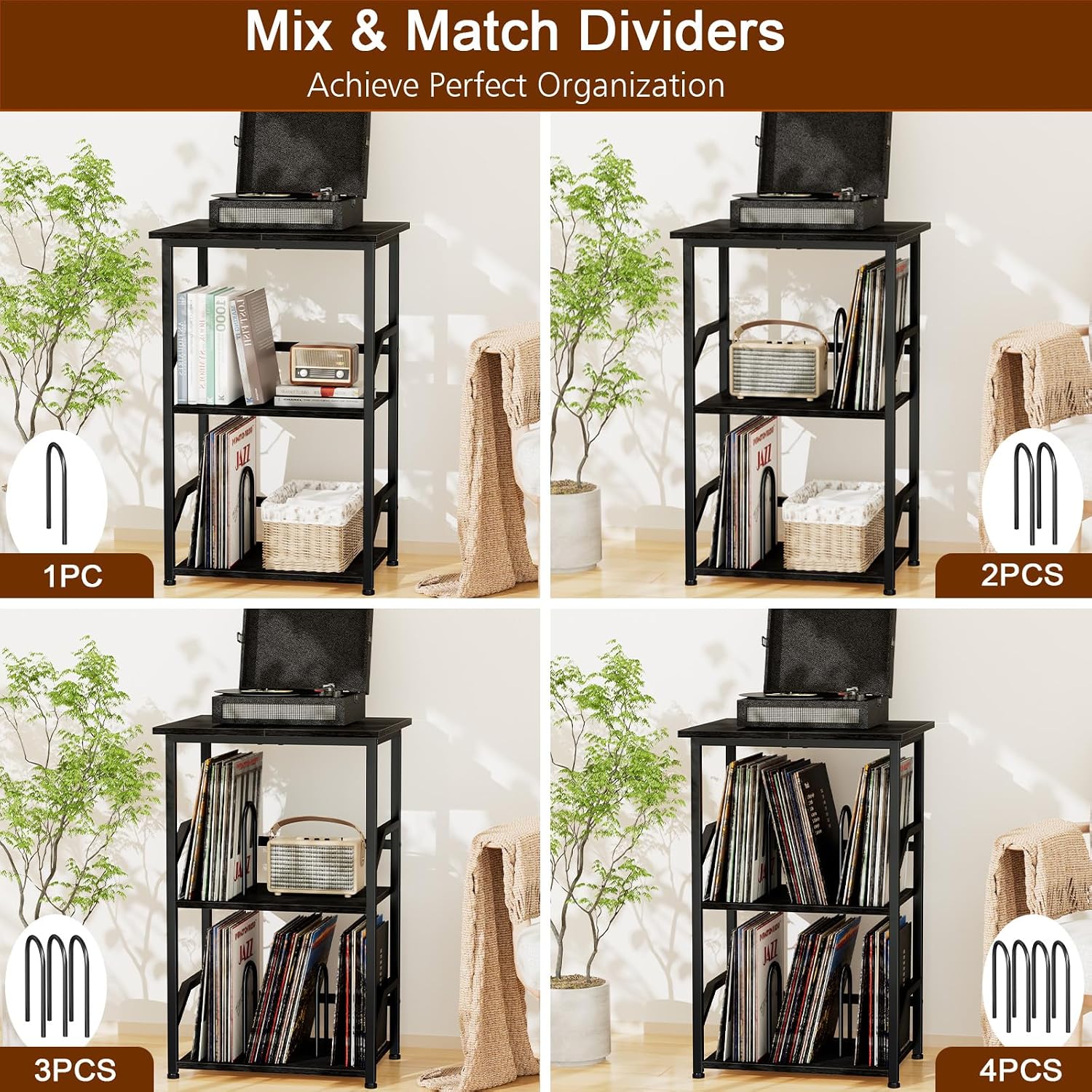 Record Player Stand, Large Vinyl Record Storage Up to 200 Albums | 3 Tier End Table with Removable Dividers, Turntable Stand for Player, Tall Side Table for Living Room, Bedroom, Black