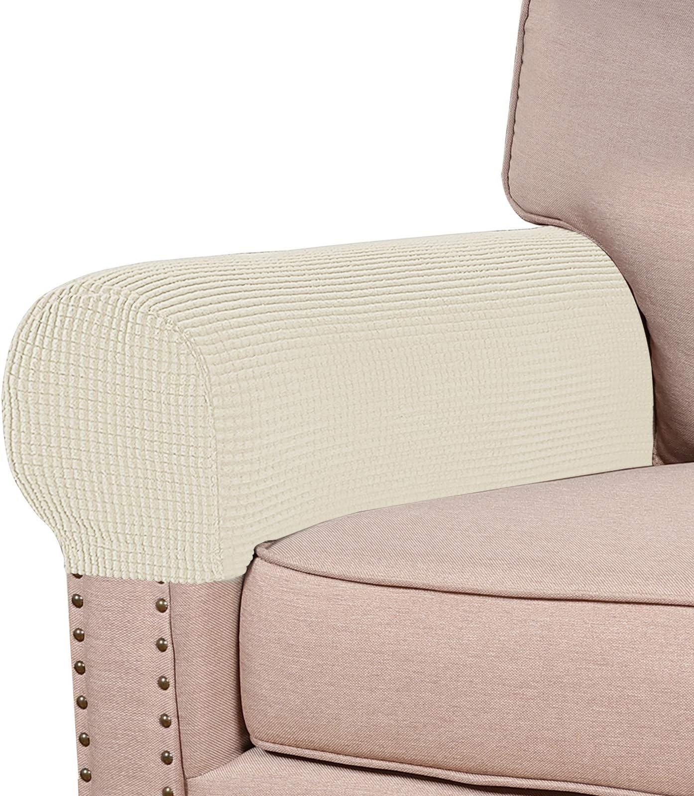 Turquoize Stretch Armrest Covers for Chairs and Sofas Couch Arm Covers for Sofa Spandex Jacquard Armrest Cover Anti-Slip Furniture Protector Armchair Slipcovers for Recliner Set of 2, Natural