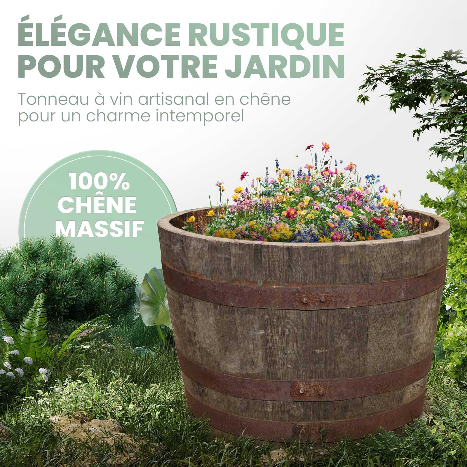 Temesso Demi-tonneau, Pot de Fleur Original d'un Baril à Whisky (Nature sans Extras)