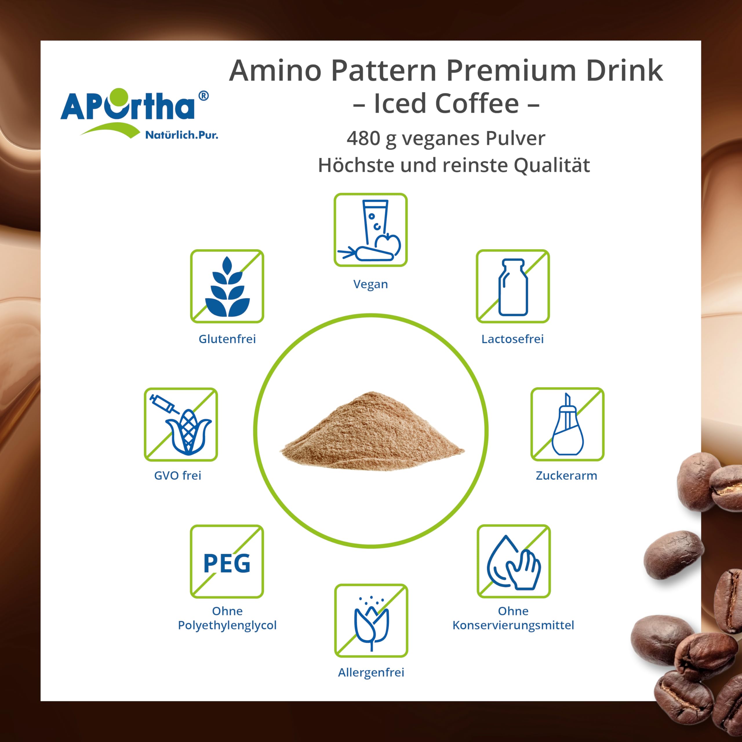 APOrtha® Multi Essential Amino Pattern Premium Drink – 480 g Iced Coffee mit echtem Kaffee, 8 essentielle Aminosäuren nach Prof. Dr. Lucà-Moretti, ausgewogenes Aminosäuren-Profil, EAA Pulver