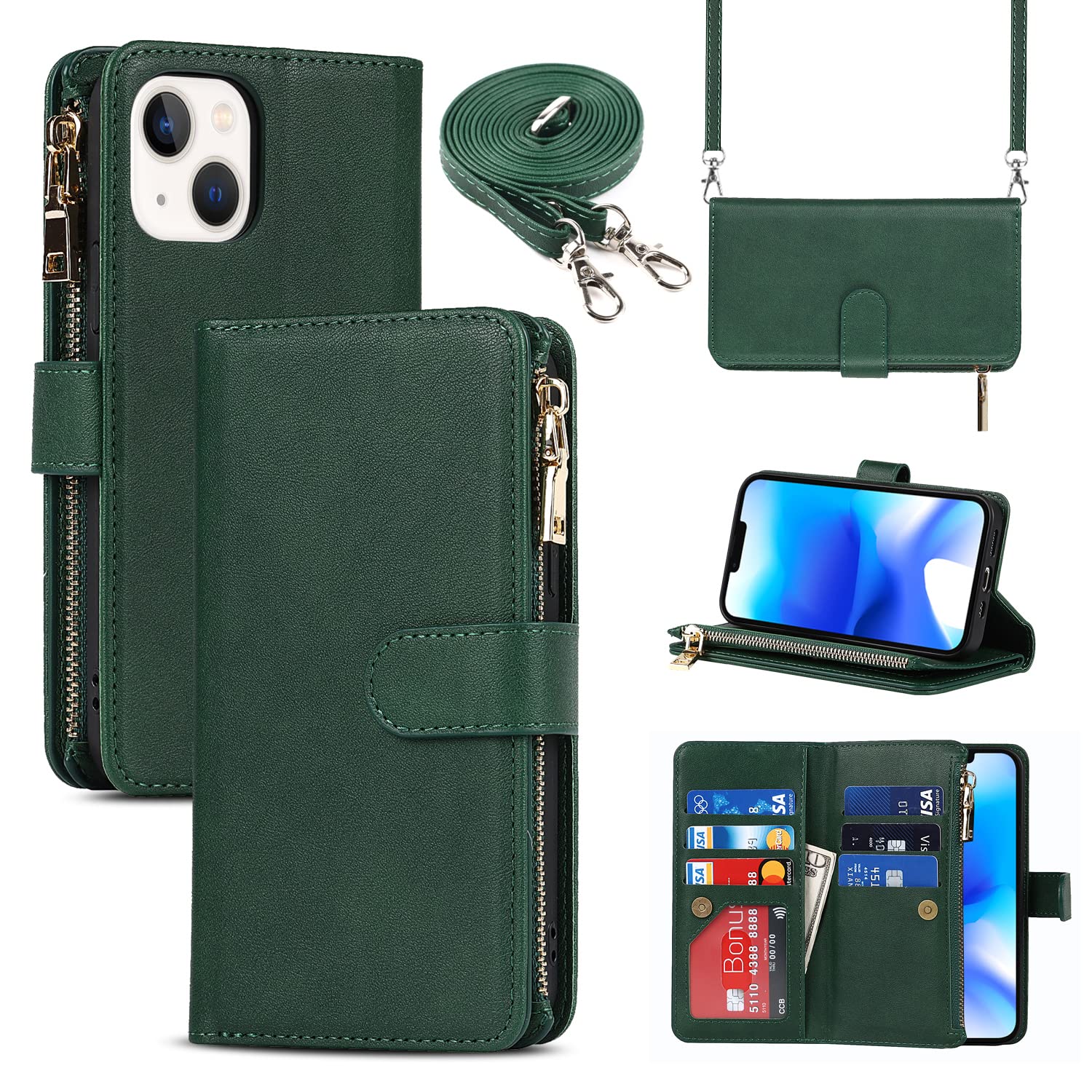 SailorTech Wallet Phone Case Design for iPhone 14 Plus 9 Card Holder 1 Zipper Coin Wallet 2 Cash Slot Kickstand Lanyard Flip Leather Cover Green