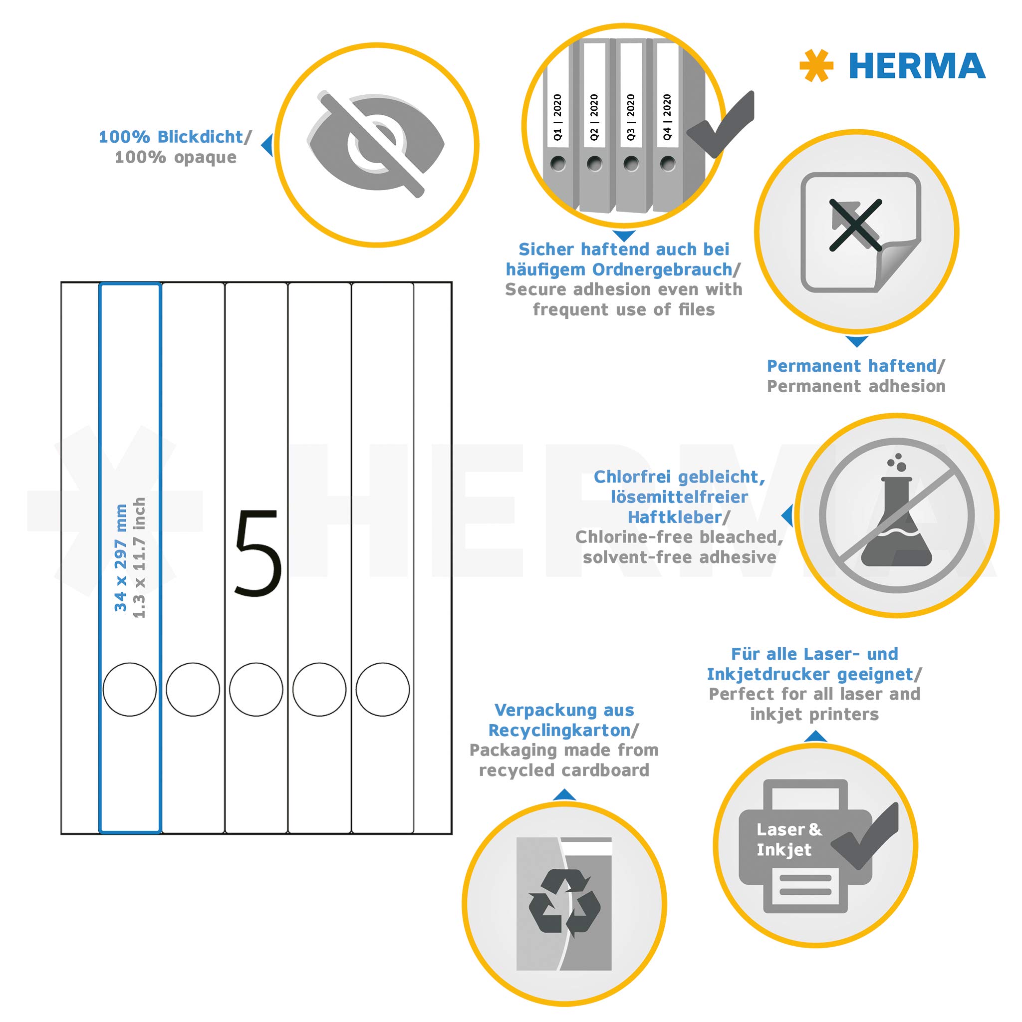 HERMA 5158 Ordnerrücken Etiketten lang schmal, 800 Blatt, 34 x 297 mm, 5 pro A4 Bogen, 4000 Stück, selbstklebend, bedruckbar, blickdicht, blanko Papier Ordneretiketten Rückenschilder Aufkleber, weiß