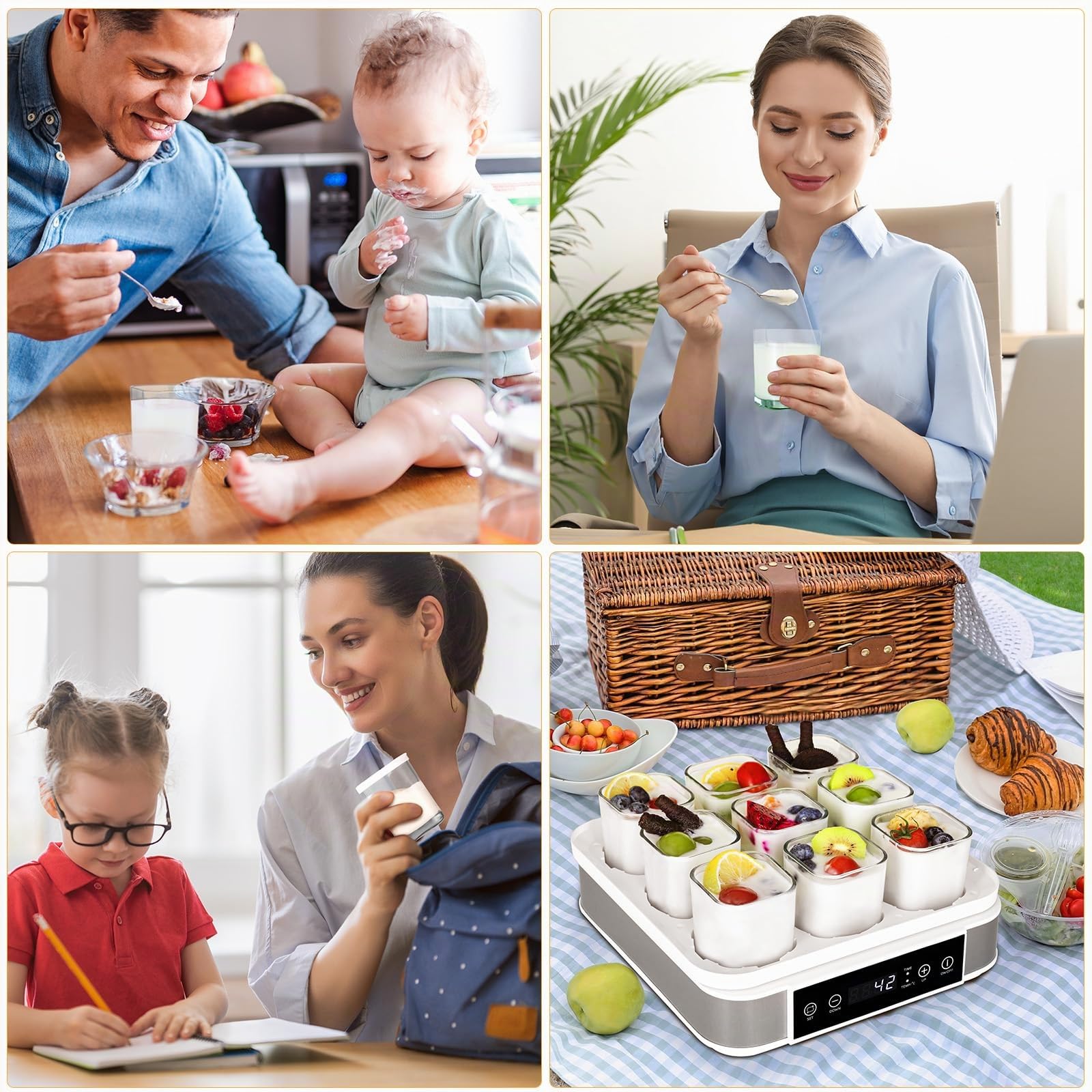 Yogurtiera Elettrica, Macchina per Yogurt in Argento Premium, Yogurtiera con 9 Vasetti da 170 ml, Yogurt Senza Zucchero Fatto in Casa, con Timer Digitale, Arresto Automatico, Display LCD, 40 W