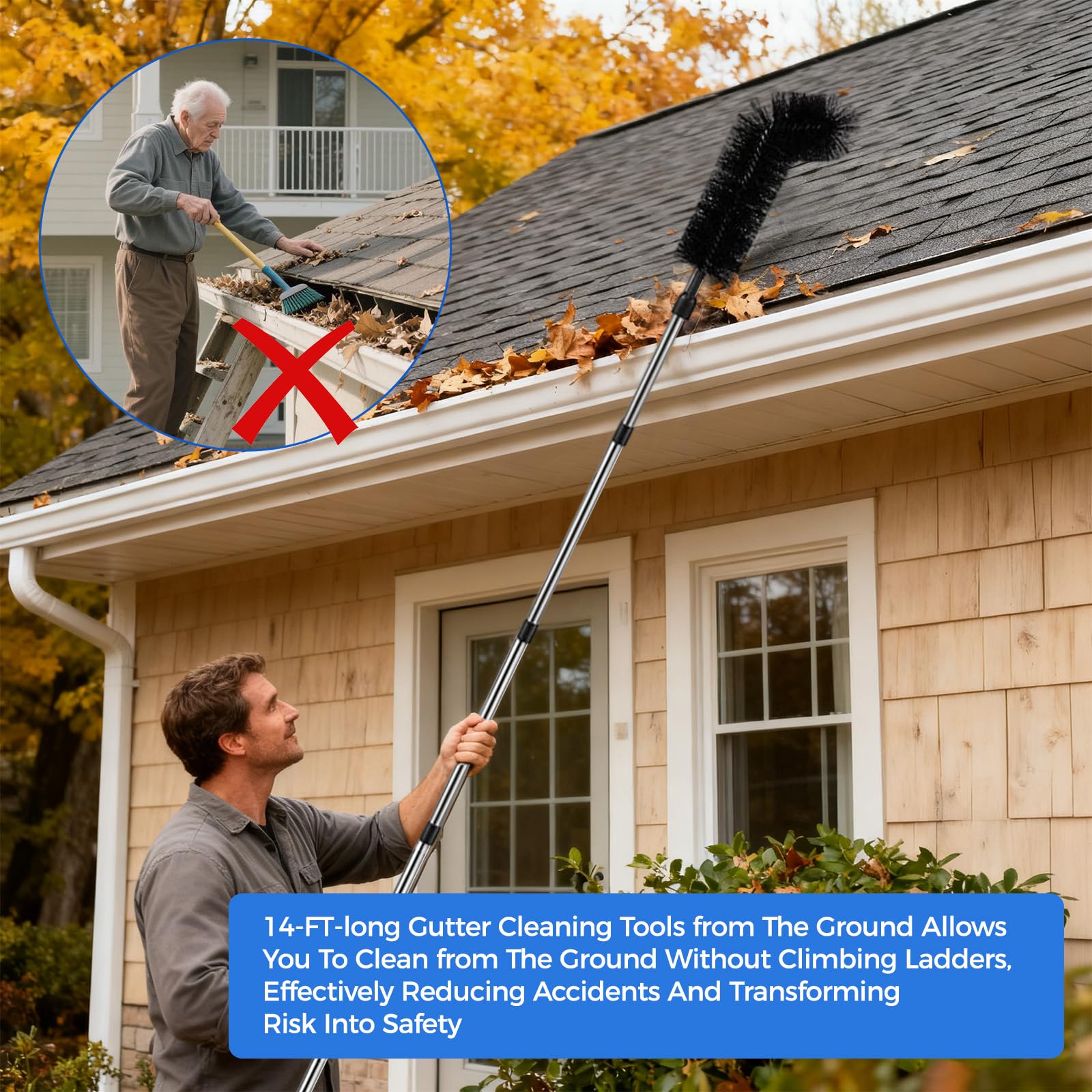 10.5FT Adjustable Gutter Cleaning Tool – No Ladder Needed, Brush & Pole Set For Leaves & Debris