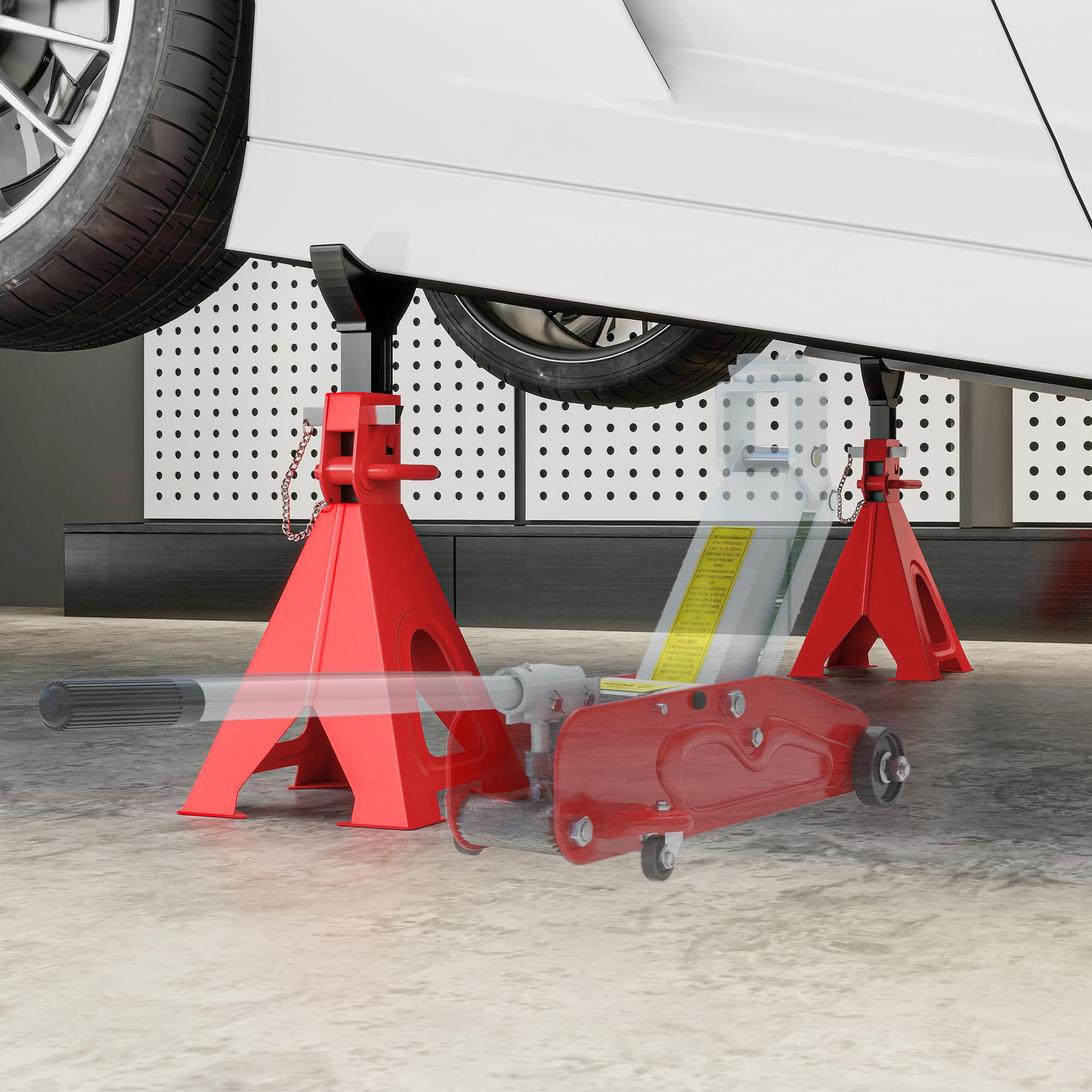 HOMCOM Cavalletti di sostegno 6 tonnellate portata 2 pezzi supporto asse inclusi 2 fermapiastre 13 livelli di altezza regolabile da 375 mm a 592 mm cavalletti per auto cricco sollevatore per officina