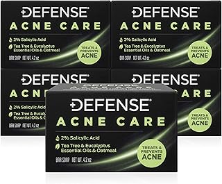 Defense Acne Care Bar Soap 4.2oz | contains 2% Salicylic Acid, Tea Tree & Eucalyptus Essential Oils & Oatmeal (Pack of 5)