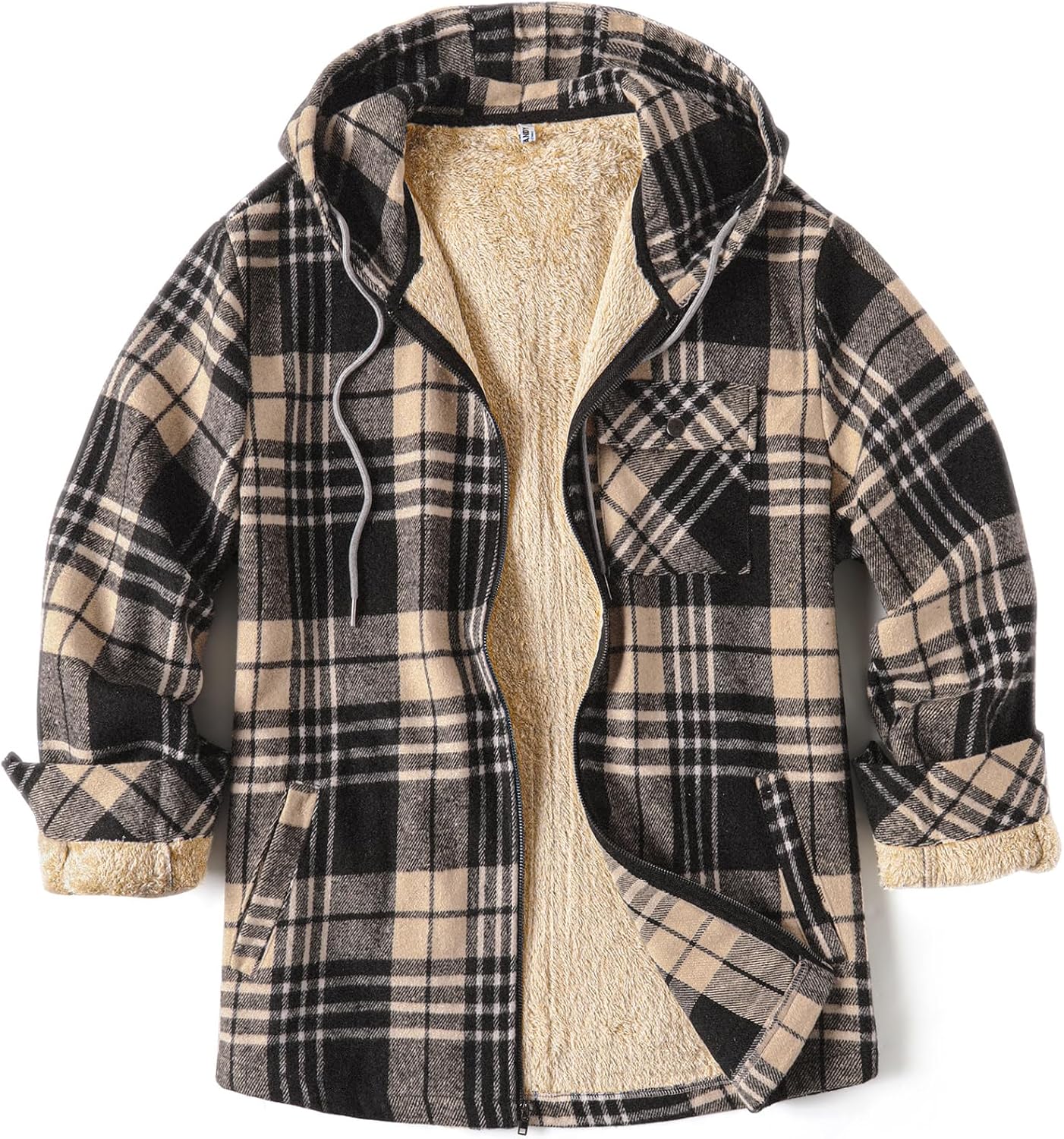 COOFANDY Men's Flannel Fleece Jacket Sherpa Lined Shirt Jacket Plaid Zip Up Hoodie Soft Warm Coat with Hood