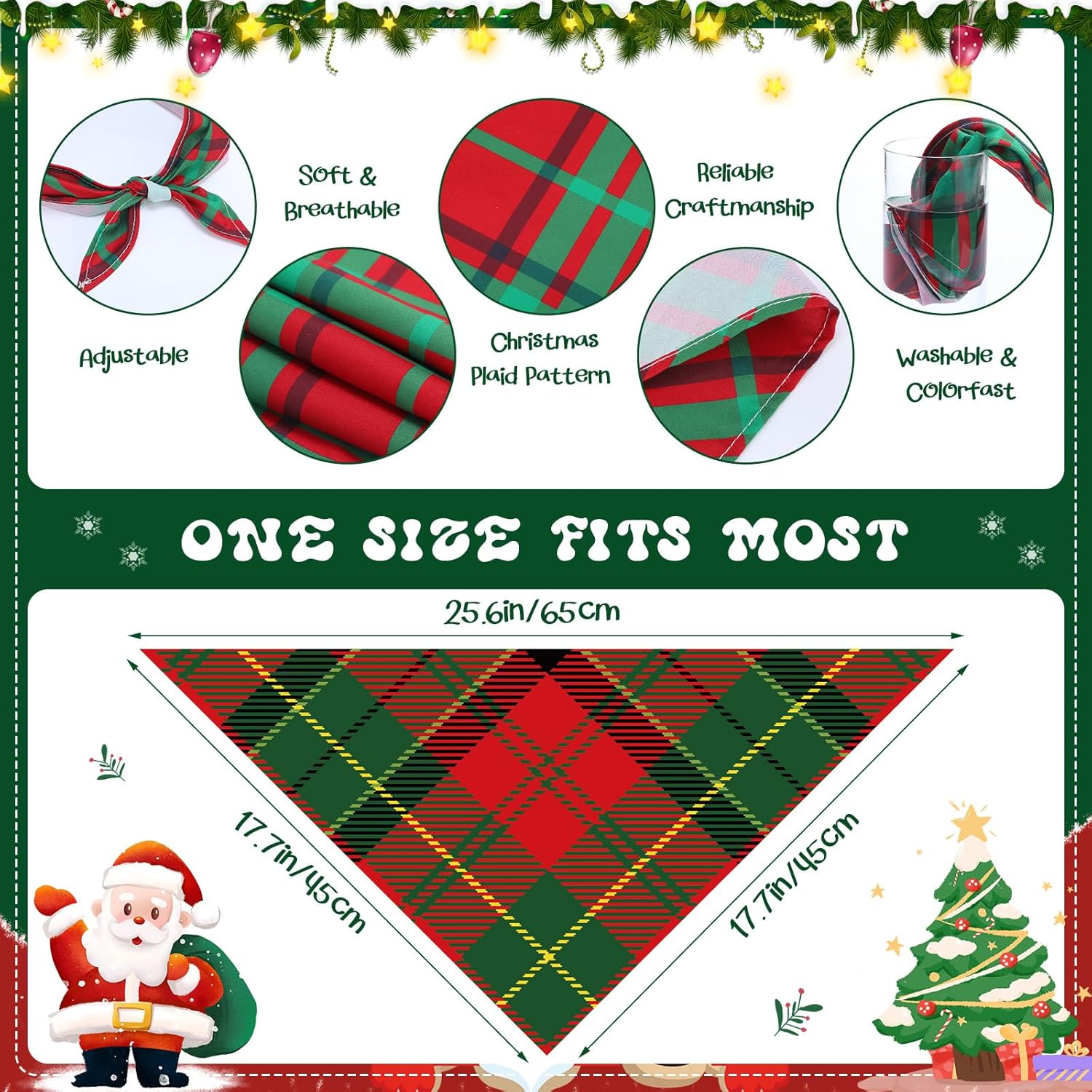 Sanwuta 60 Pcs Christmas Plaid Dog Bandanas Bulk Holiday Dog Bandana Bibs Puppy Bandanas Adjustable Washable Kerchief PET Costume Accessories Grooming Supplies for Small to Large Cats Dogs (Classic)