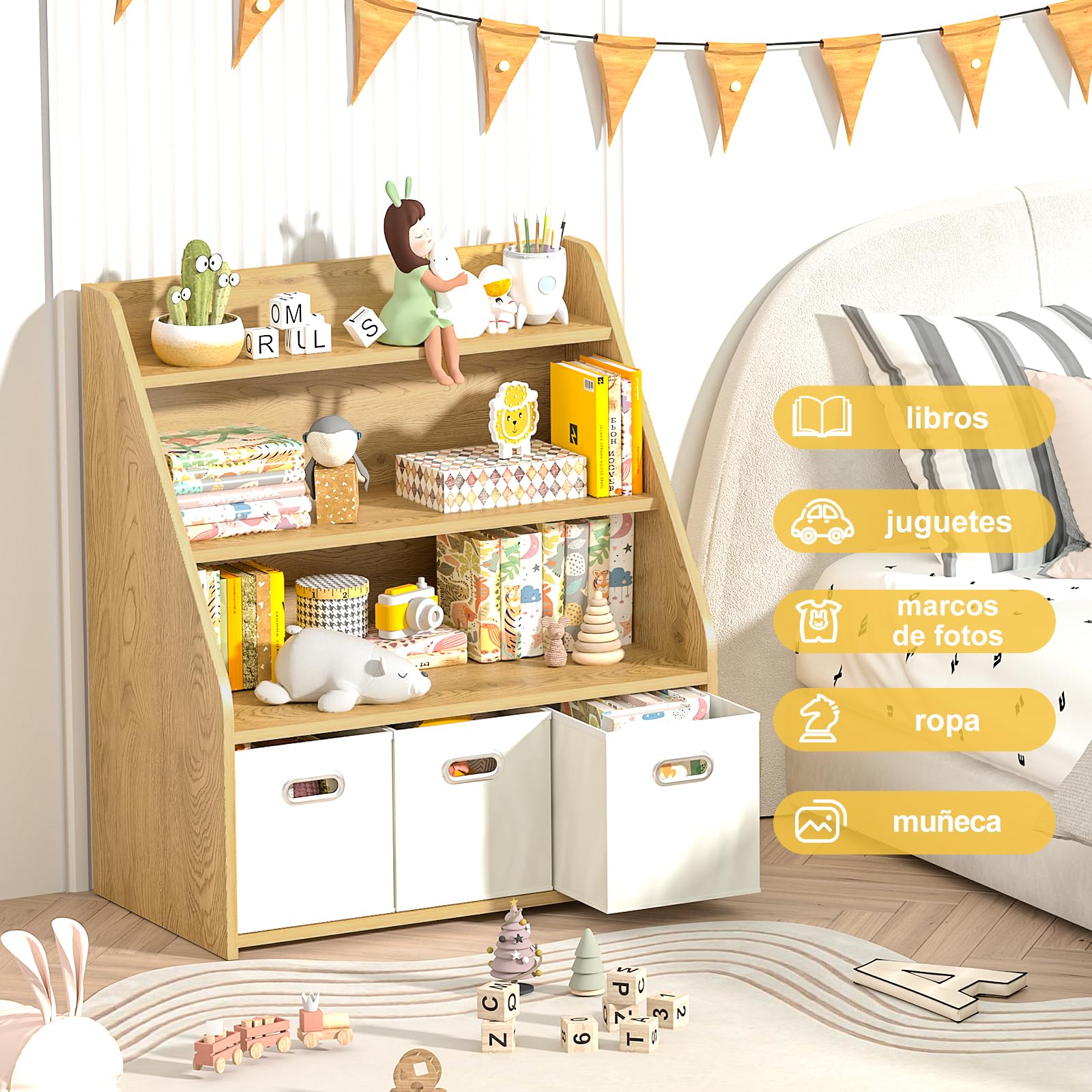 EFURDEN Organizador de Libros y Juguetes Montessori, Estantería Infantil con 3 Cajones de Madera - Sistema de Almacenamiento para Dormitorio, Decoración Habitación Niño/Niña