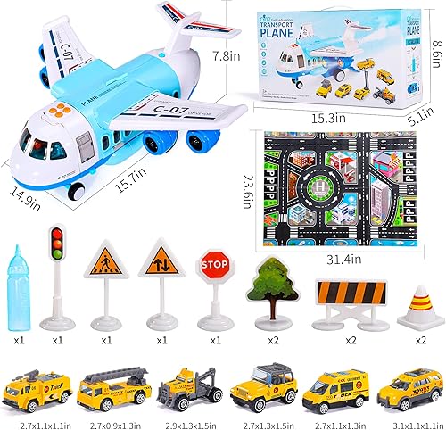 Miniatura 6 de IHAHA Juguetes para niños de 2 3 4 5 y 6 años juguete de avión con humo luz y sonido juguete de avión de carga grande de 16 pulgadas con 6 camiones