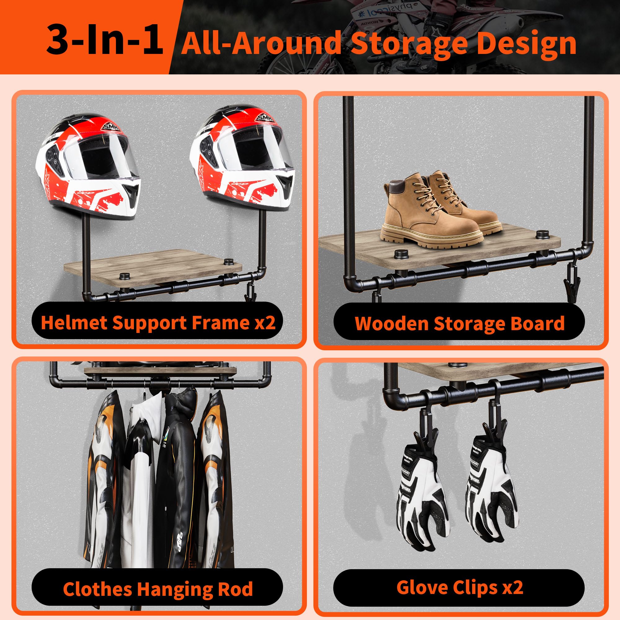 Motorcycle Helmet Holder Wall Mount, 3-In-1 Helmet Stand with 2 Glove Clips, Solid Wood&Metal Helmet Holder Hanger Rack (Metal)