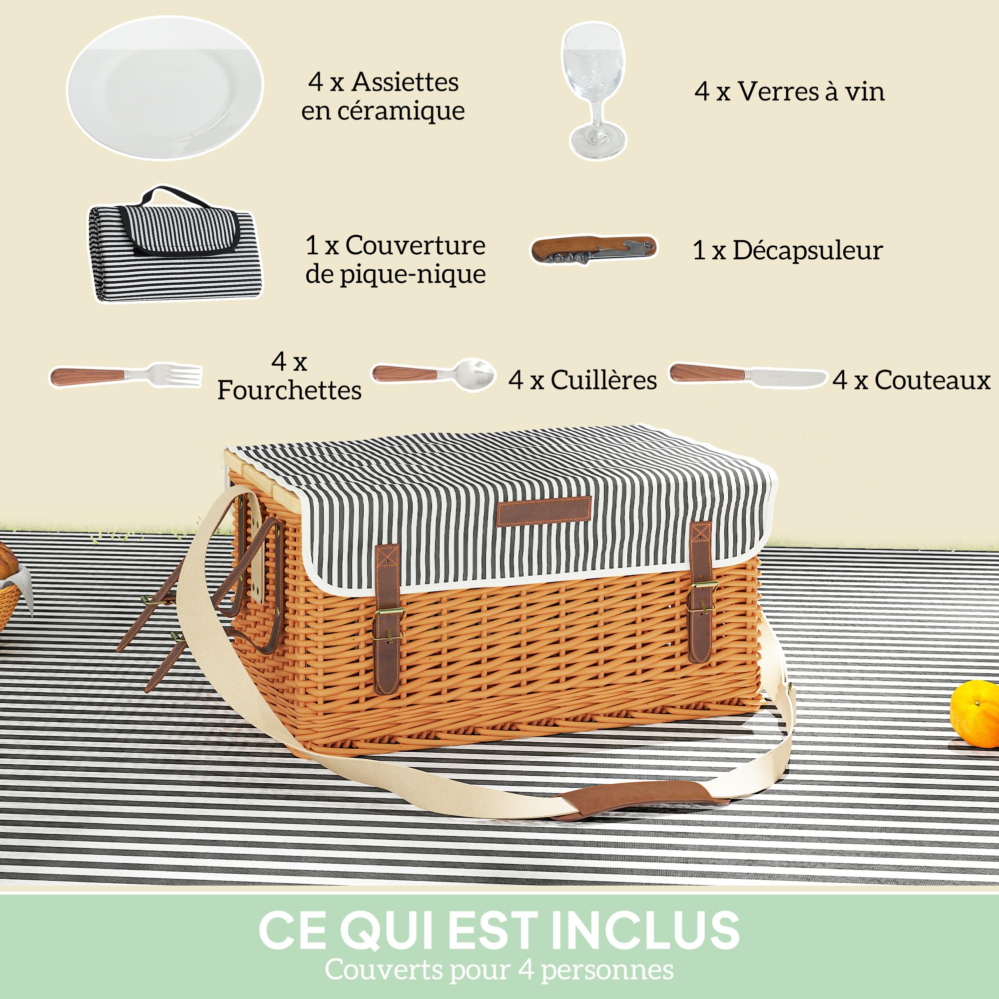 Outsunny Panier Pique-Nique en Osier 4 Personnes avec Table à vin en pin, Panier de Pique-Nique avec Sangle Ajustable pour extérieur, Camping, fête, Anniversaire, Noël, Marron Clair
