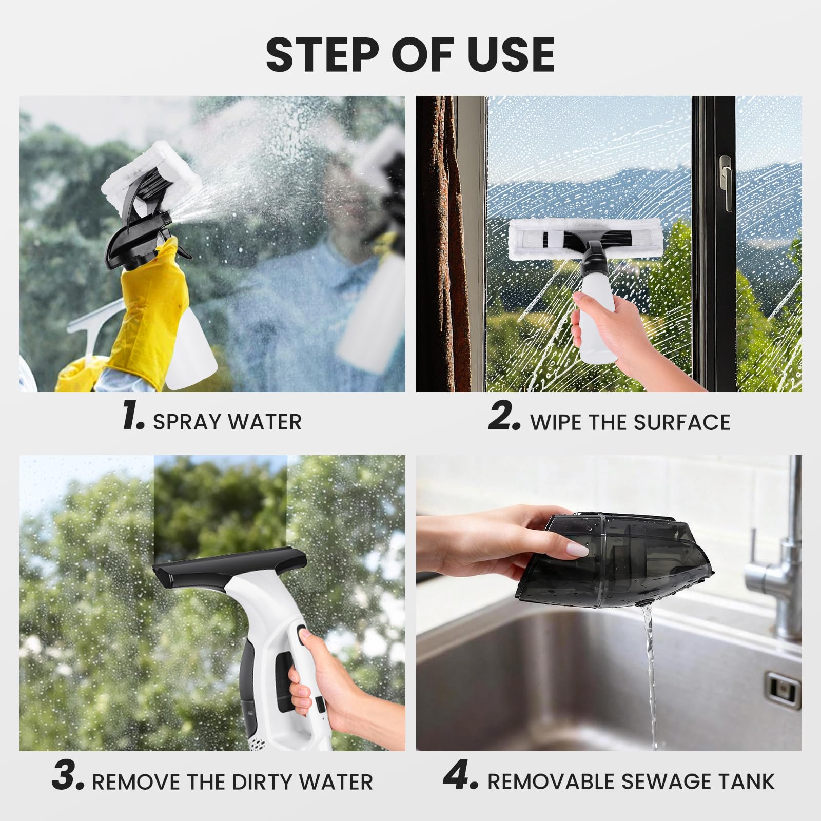Nettoyeur Vitre, Lave Vitre Motorisé de 2000 Pa, 20W, Batterie de 2200 mAh, Réservoir D'eau de 150ml et Racleur de 280 mm, Convient aux Portes Vitrées, Fenêtres, Comptoirs et Vitres Automobiles
