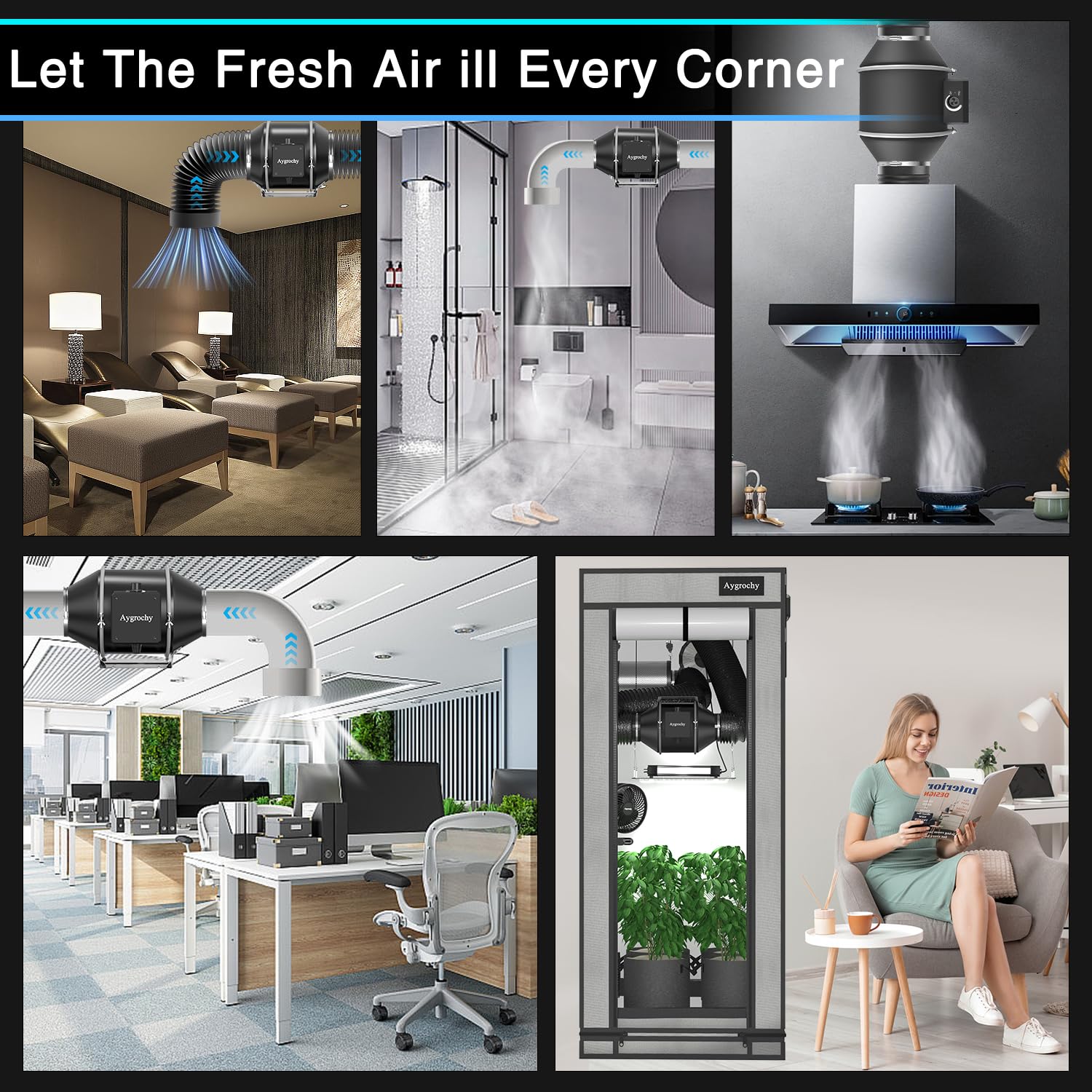 Aygrochy 150mm Rohrventilator EC Lüfter regelbar leise für Abluft | Steckdose mit Timer, nachlauf, Temperatursensor und Feuchtigkeitssensor, für Wintergarten Growzelte Keller