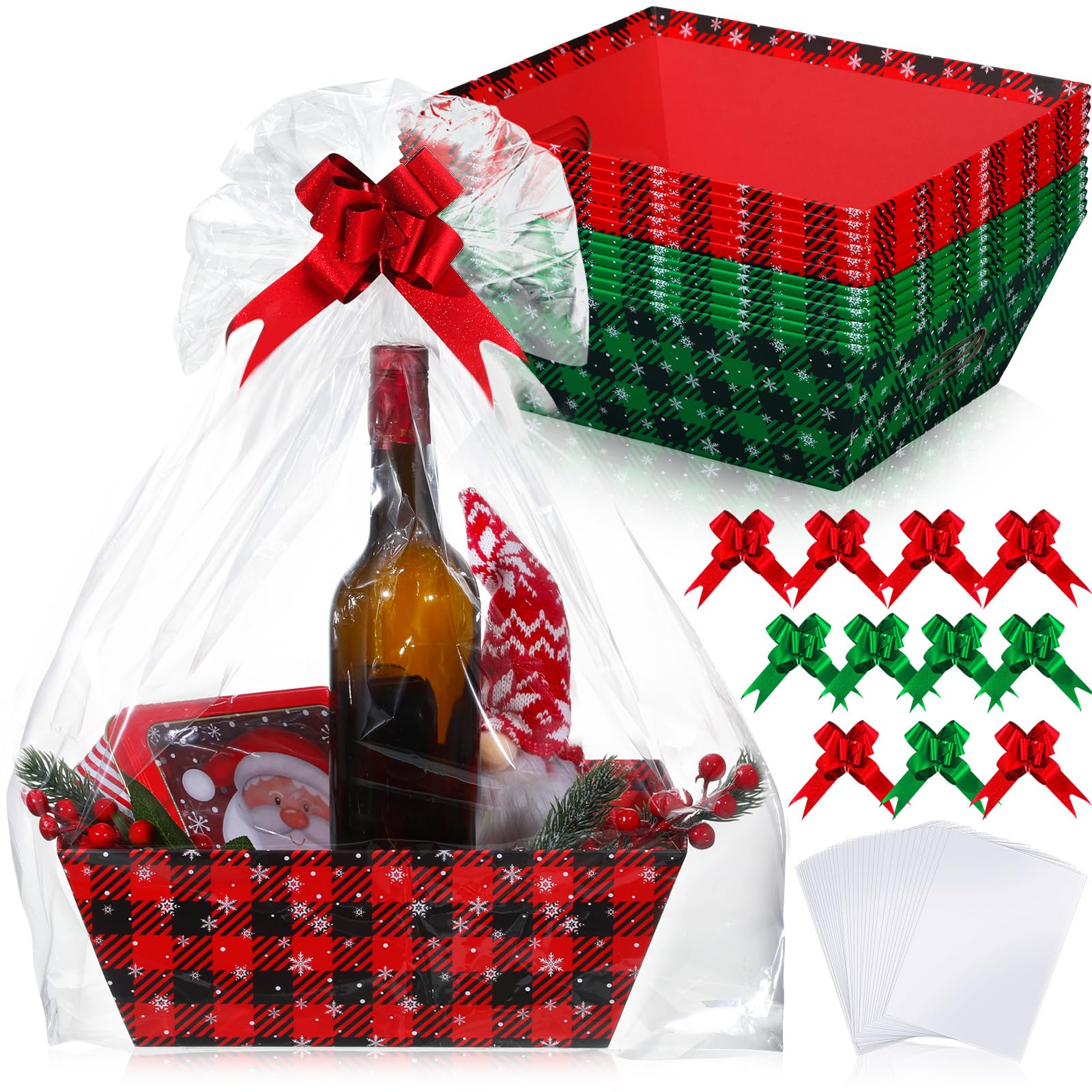 Cholemy 12 Pack 12x10x4 Christmas Gift Baskets Empty Bulk, Includes 12 Cardboard Baskets with Handles, 12 Plastic Bags and 12 Bows, Cardboard Tray Large Gift Baskets Kit for Holiday (Plaid)
