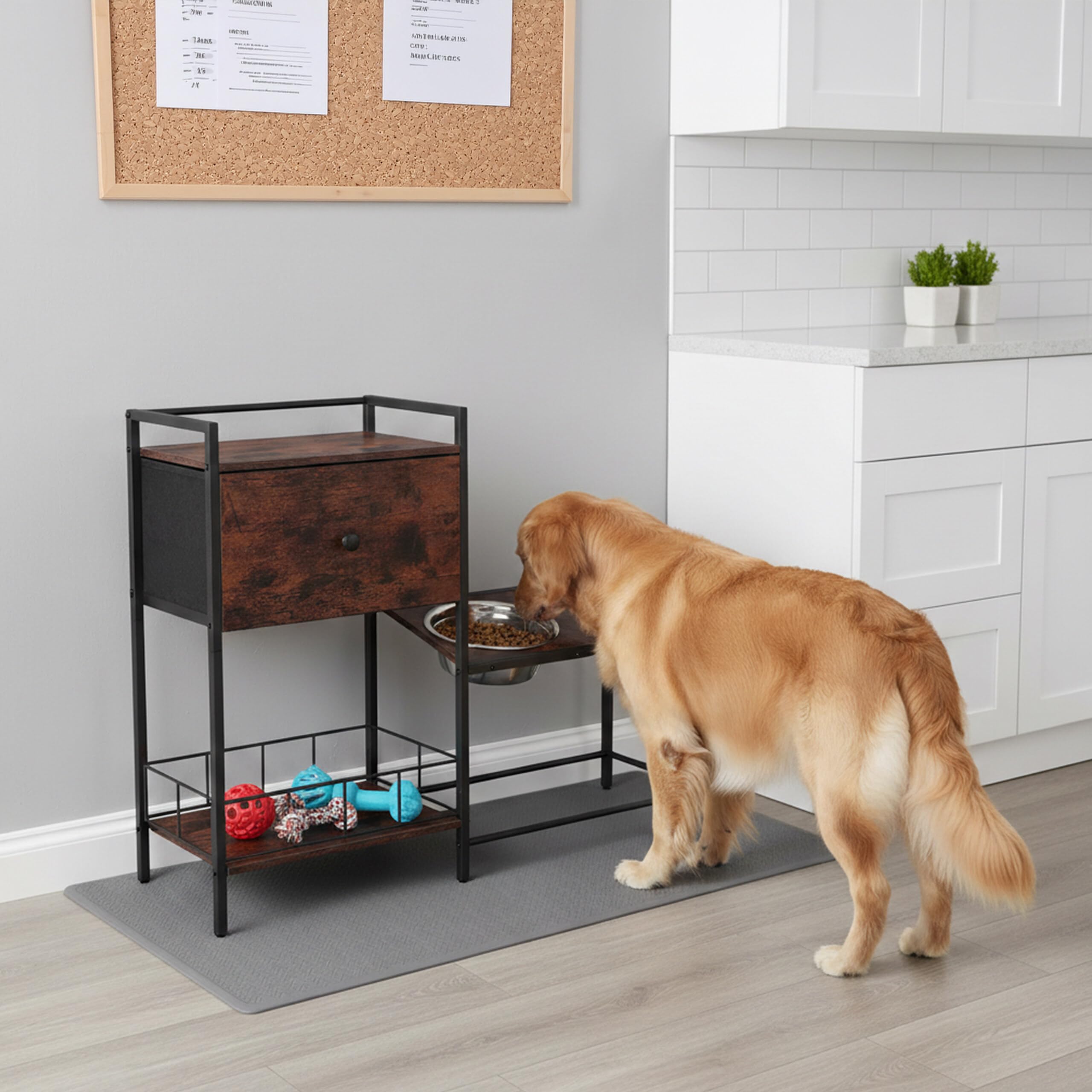 Relaxdays Comedero Elevado para Perros con 2 Cuencos de INOX, almacenaje, 76×90×27 cm, Armario Industrial marrón
