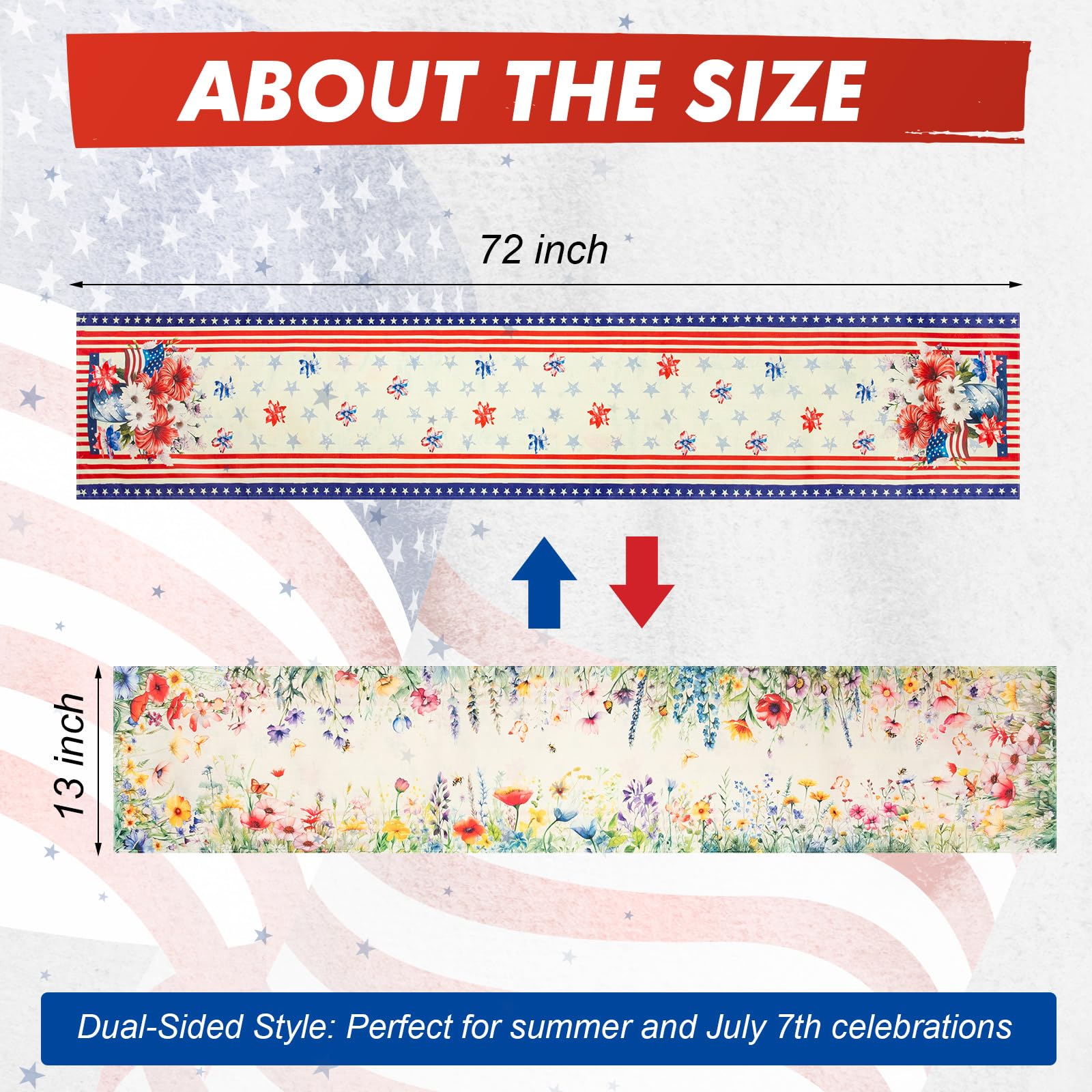 Reversible 4th Of July Table Runner - Double-Sided Linen Patriotic & Floral Decor, 13x72 Inch Summer Holiday Tablecloth