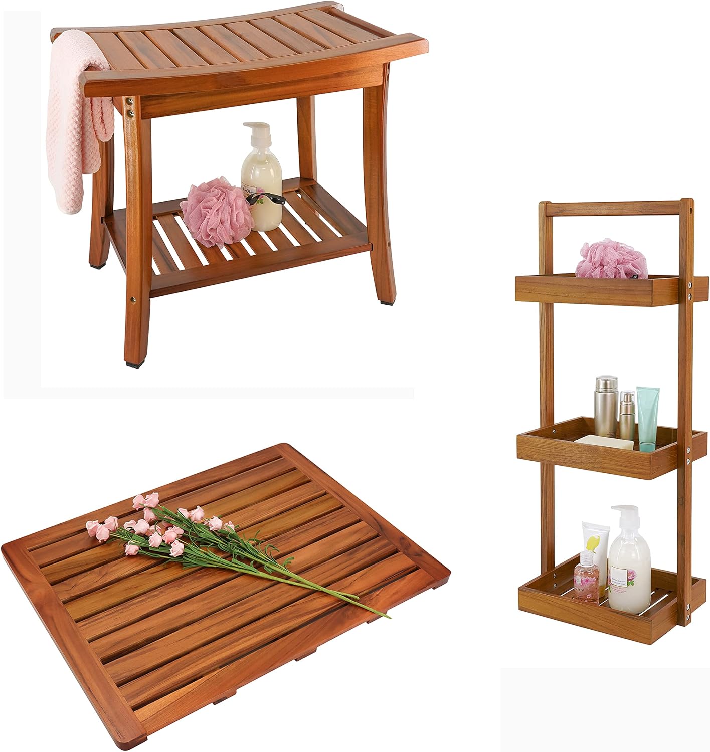 Utoplike Teak Shower Bench Seat with Handles, 3 Tier Shower