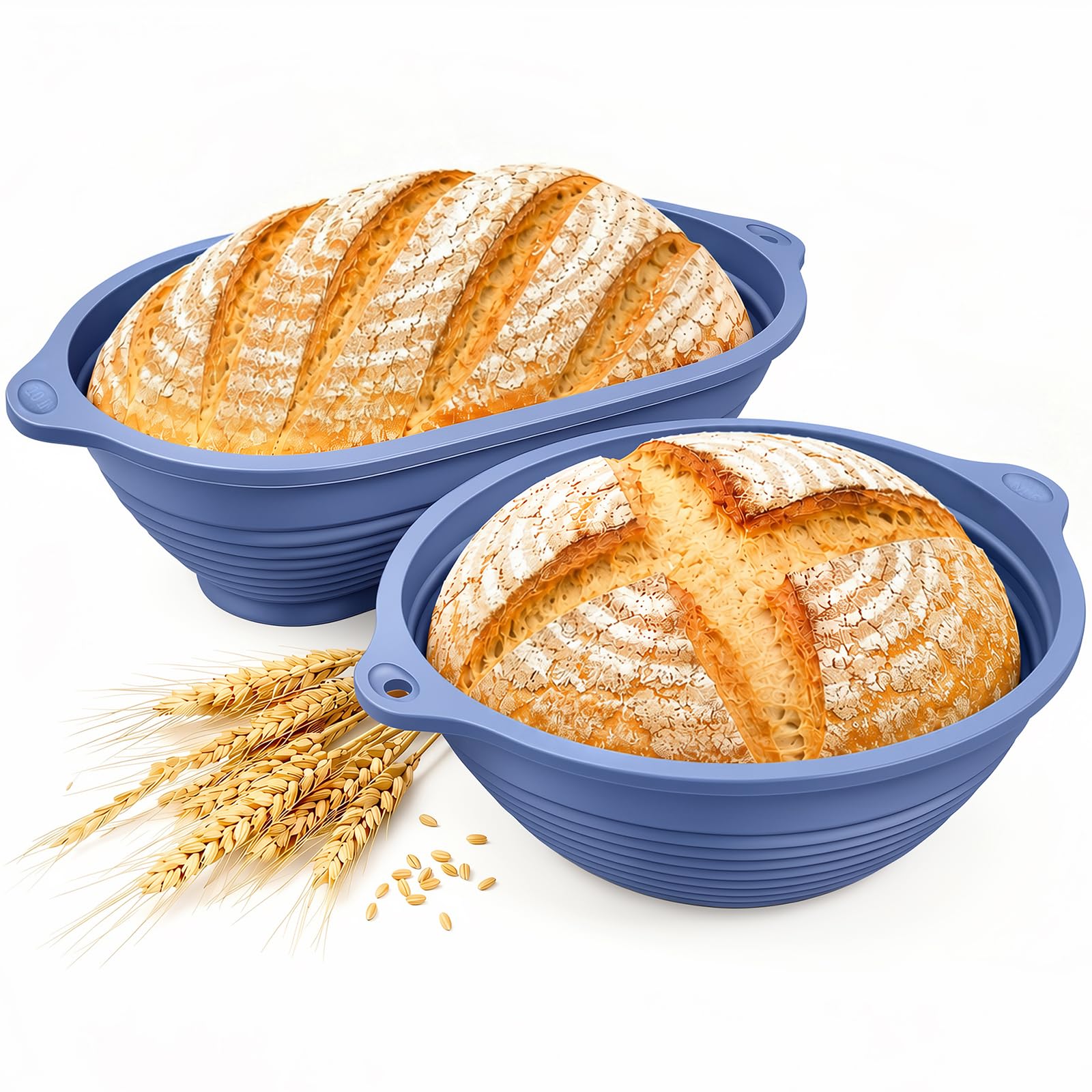 2 Paniers de Fermentation en Silicone pour Pain, Ovale de 29 cm et Rond de 26 cm, Bord Renforcé en Acier IntéGré, Pliables, Panier de Fermentation en Silicone pour PâTe, Pizza, PâTisseries (Bleu)