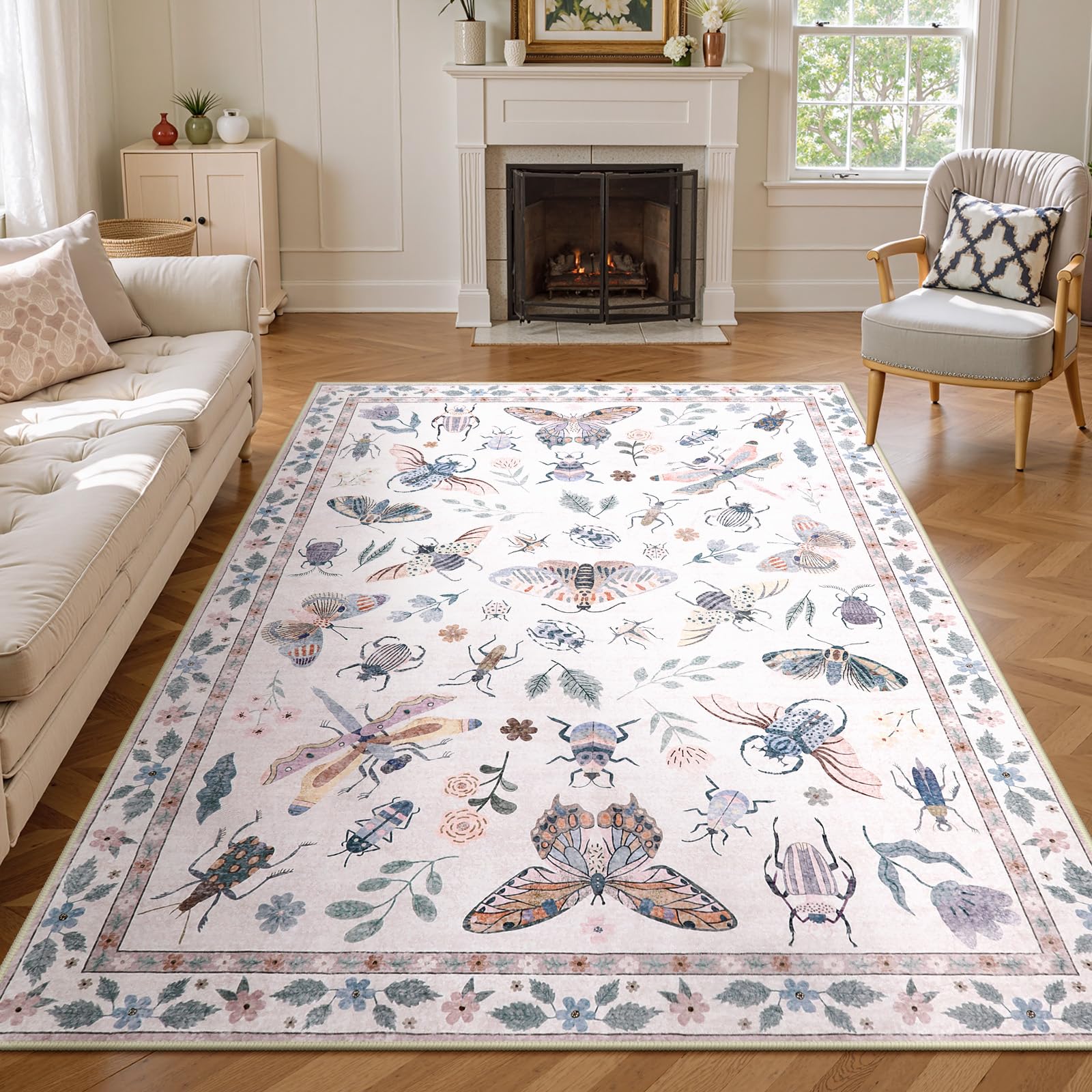 Lahome Insect Machine Washable Rugs 5x7, Non Slip Soft Pink Rugs for Bedroom Girls Living Room, Ultra-Thin Stain Resistant Accent Carpet for Dining Room Office Nursery(5'x7',Pink) Pink 5' x