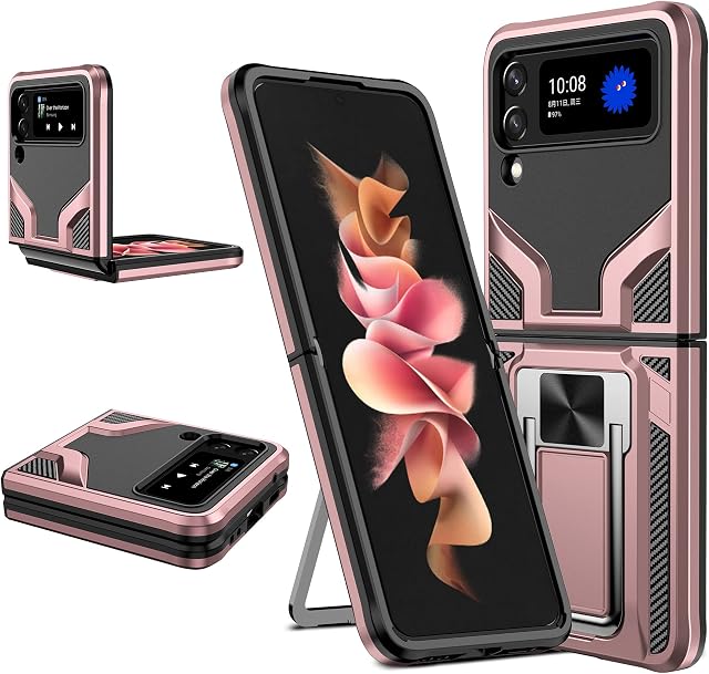 Military Grade TPU & PC Dual Layer Shockproof Armor Galaxy Z Flip 3 Case with Magnetic Sheet Built-in Metal Ring Stand Protective Case for Samsung Z Flip 3 5G (2021) - Rose Gold