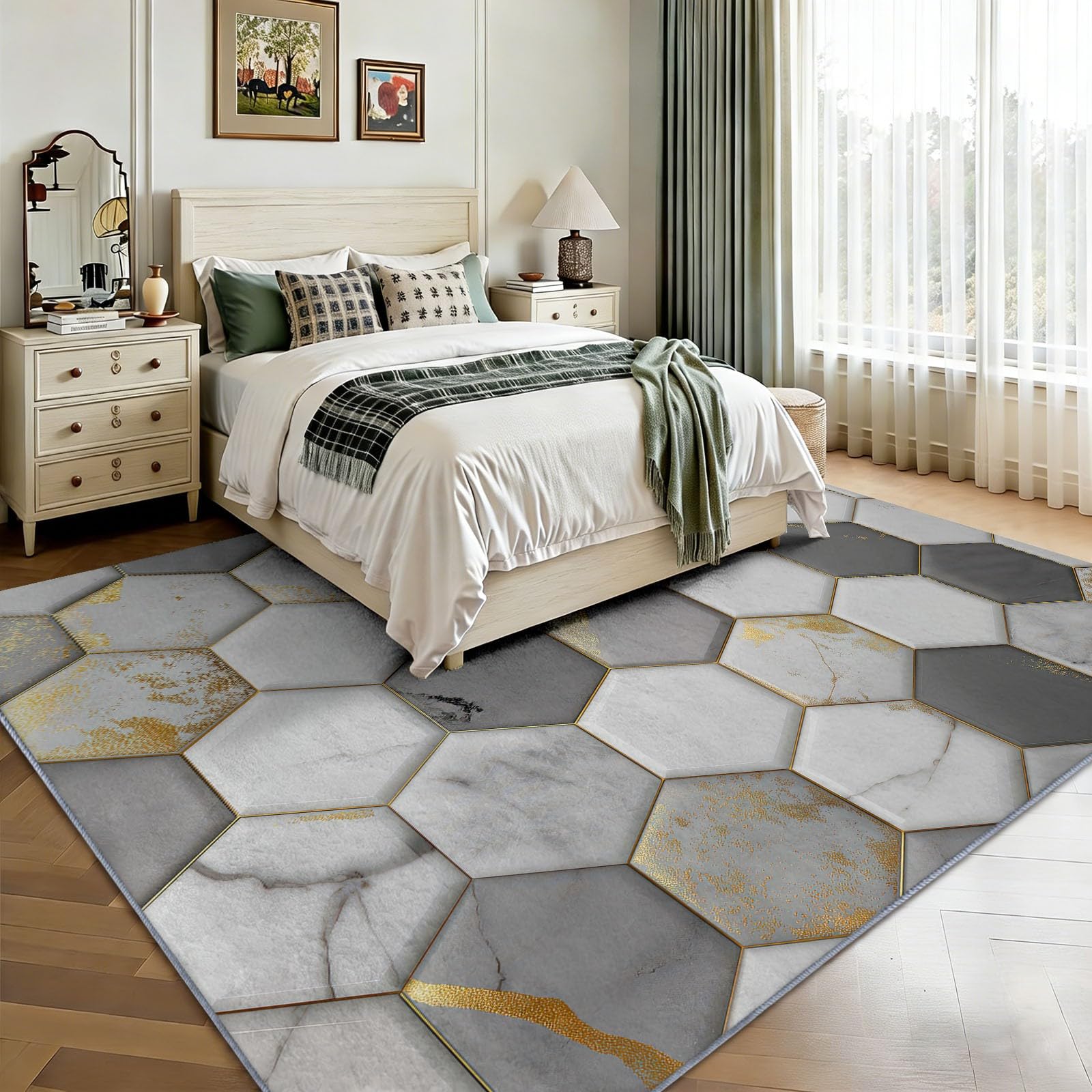 Tappeto Soggiorno 140 x 200 cm, grigio marmo esagonale geometrico, moderno tappeto stampato lavabile in lavatrice, tappeto morbido antiscivolo, per camera da letto e ufficio, sala giochi